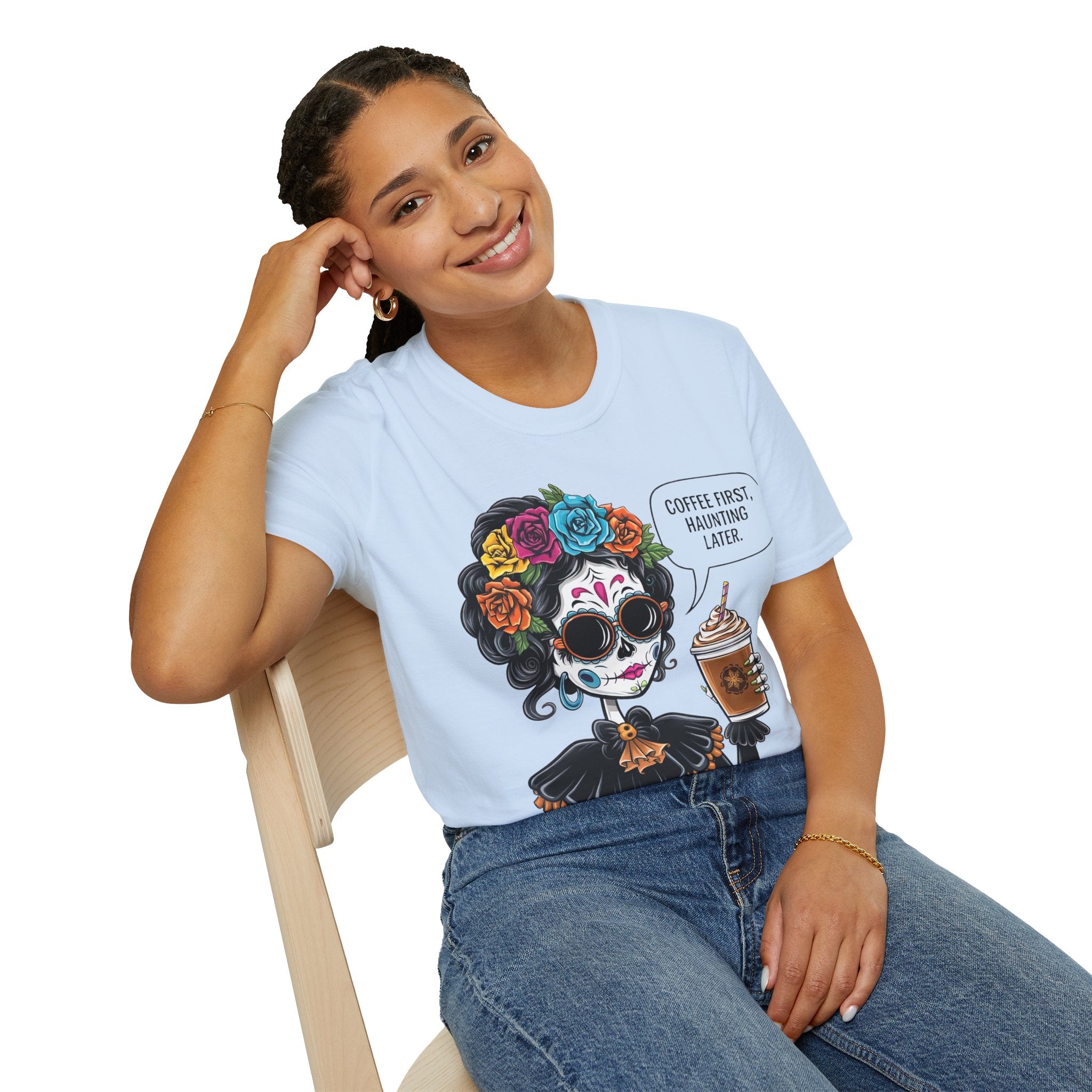 Coffee First, Haunting Later Halloween T-Shirt, Cute Halloween Apparel, Coffee Lover Gift