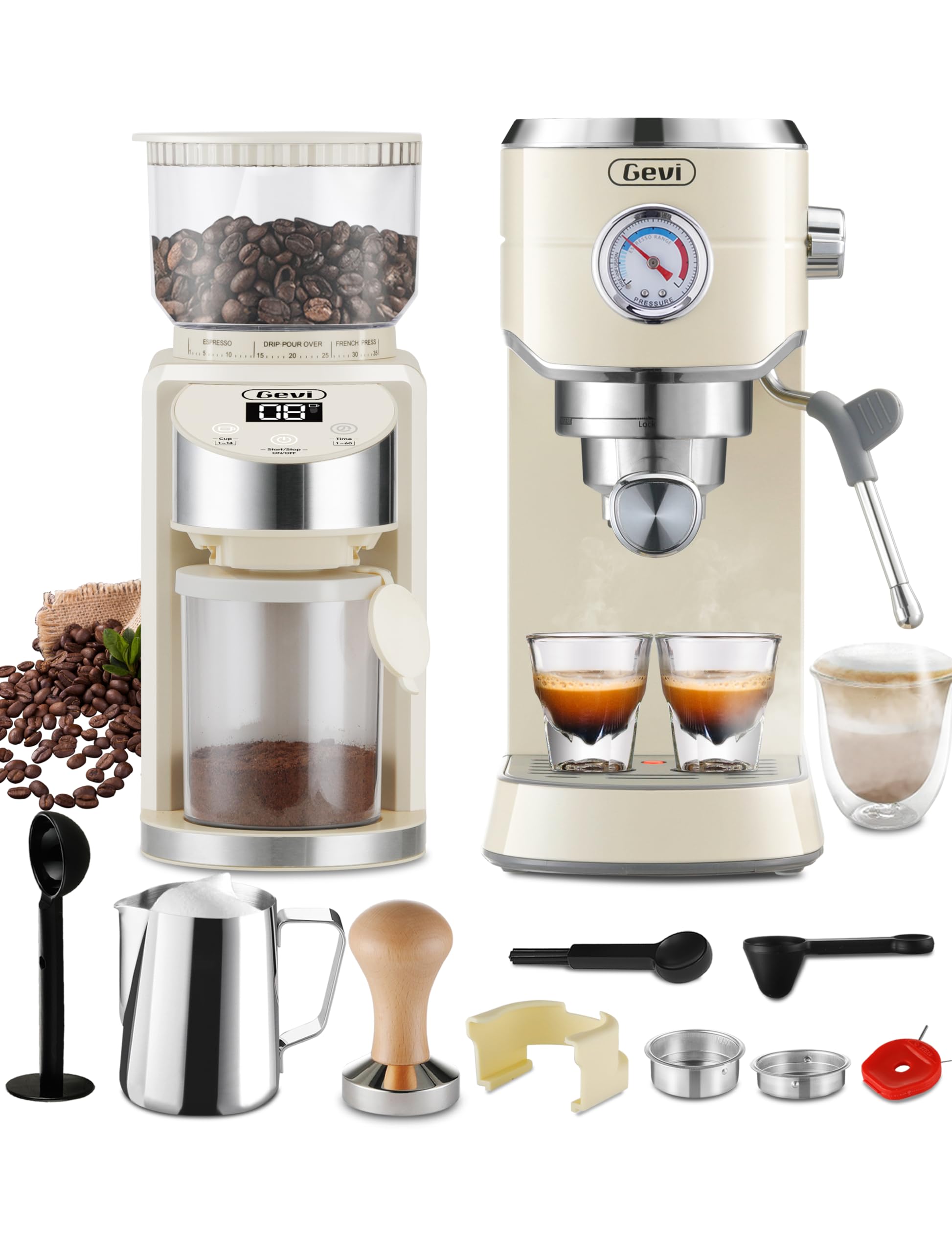 Gevi 20 Bar Espresso Coffee Machine with Burr Grinder Set | 35 Precise Grind Settings | Milk Frother for Latte Cappuccino | Professional Home Barista Kit | Gift for Coffee Lovers