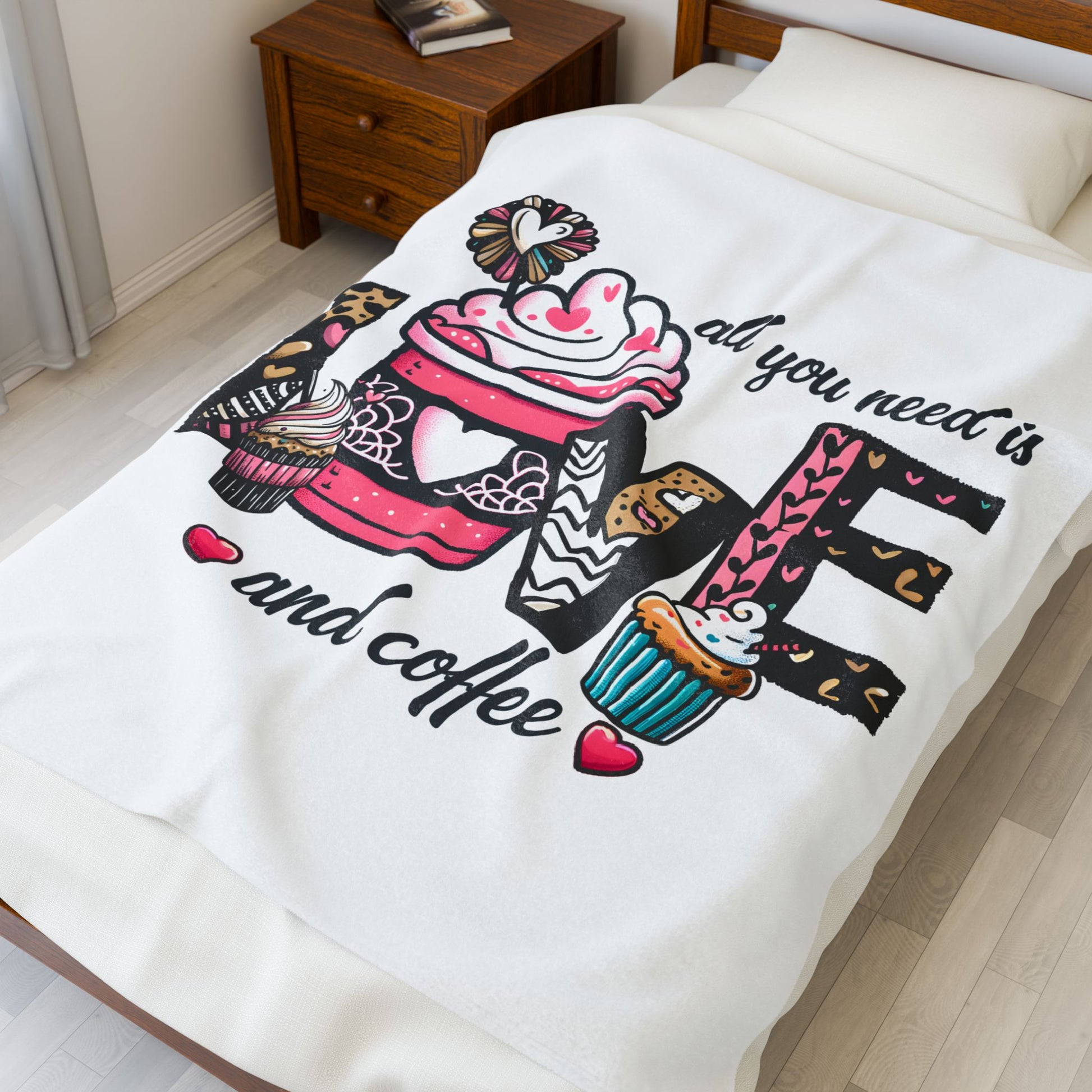 All you need is Love and Coffee Velveteen Plush Blanket, Coffee Lovers Plush Blanket