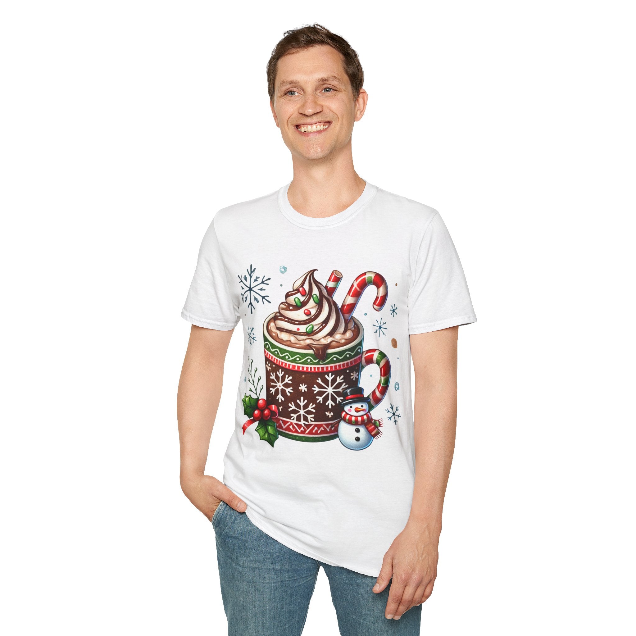 Cozy Holiday T-Shirt with Hot Cocoa Design, Christmas Gift, Winter Apparel, Unisex Softstyle Tee, Festive Outfit