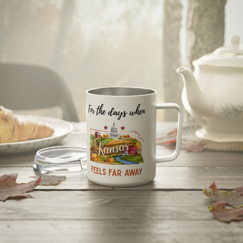 Kansas feels far away Insulated Coffee Mug, Missing Kansas Coffee tumbler, Homesick Mug