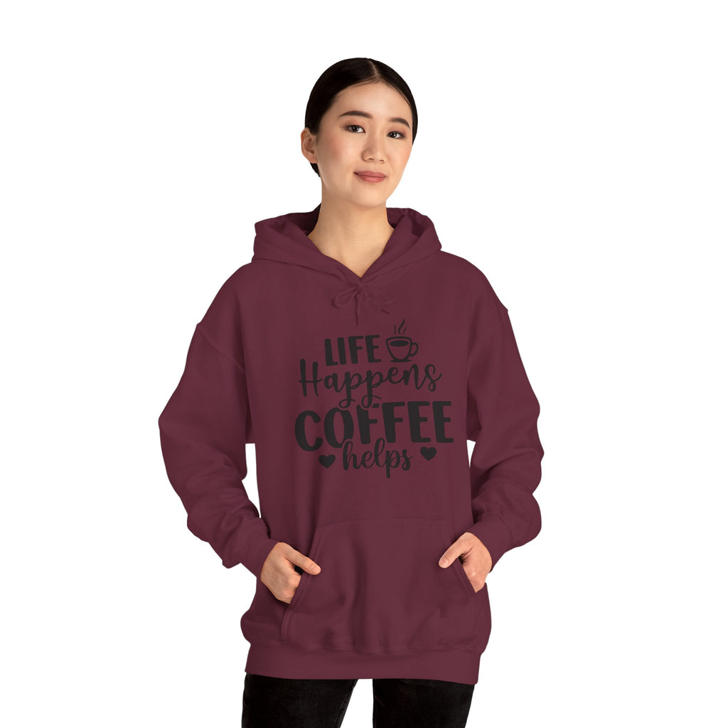 Coffee Hoodie — "Life Happens Coffee Helps" Cozy Pullover for Coffee Lovers, Unisex Hoodie for Coffee Lovers