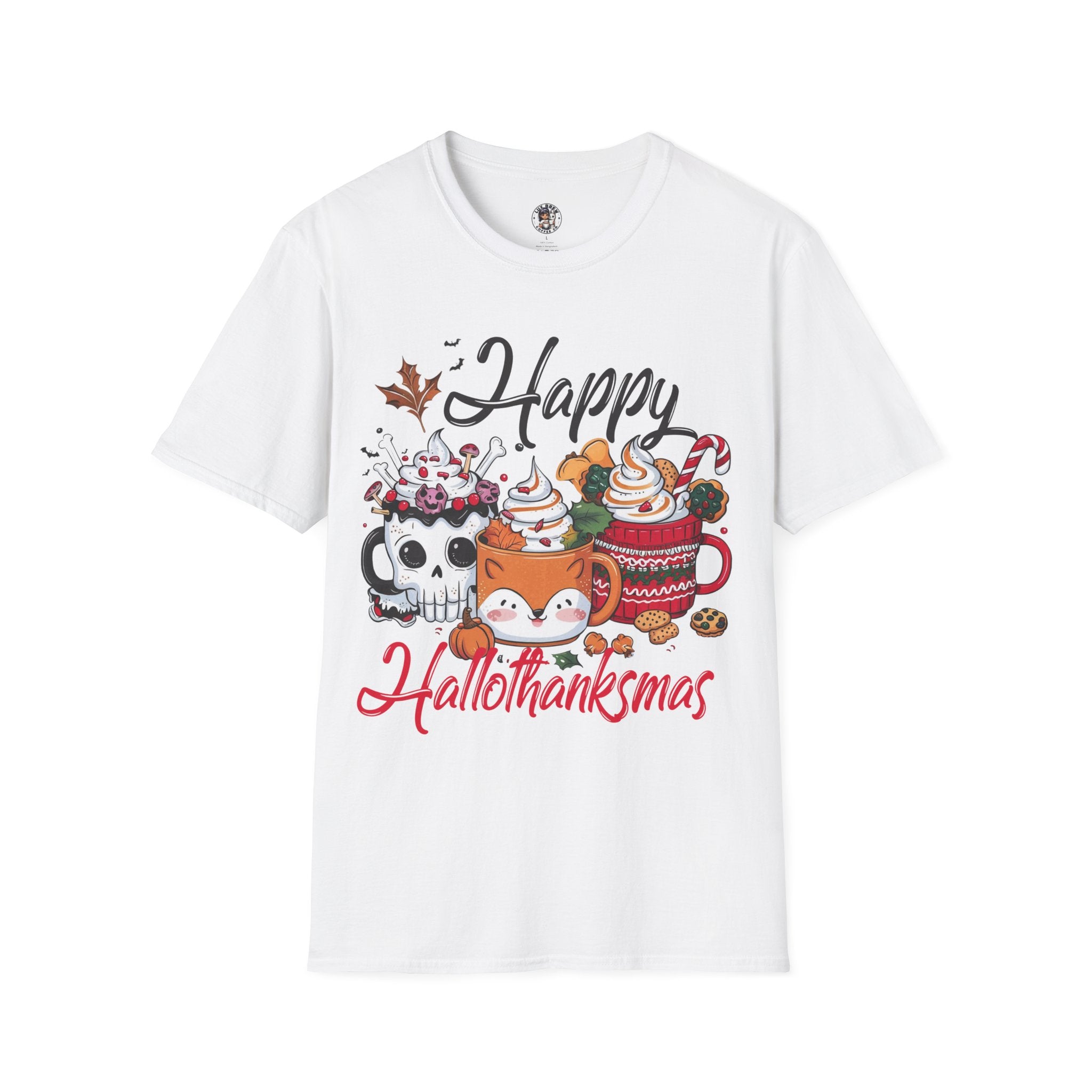 Happy Hallothanksmas Unisex Softstyle T-Shirt | Cute Holiday Tee, Fall Shirt, Halloween Christmas Shirt