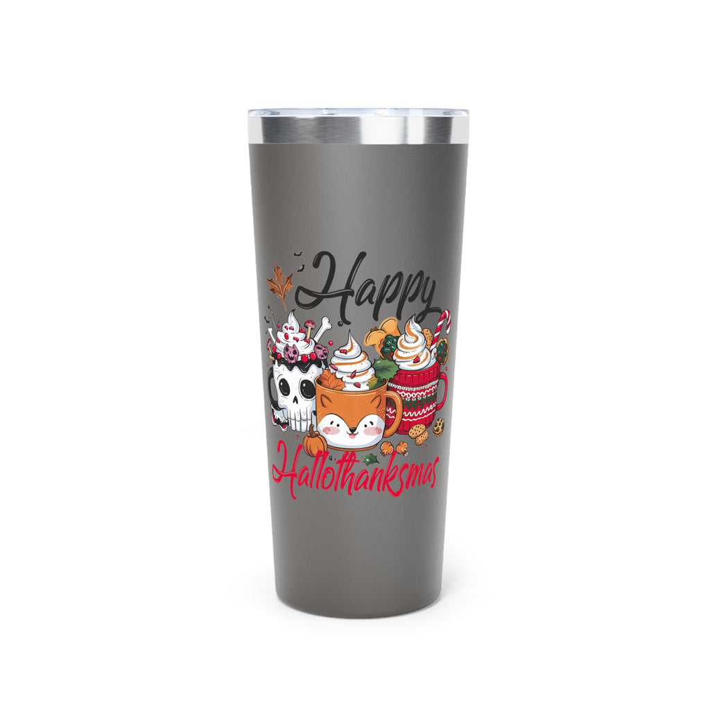 Happy Hallothanksmas Copper Tumbler, Insulated Coffee Mug, Fall Beverage Cup, Halloween and Thanksgiving Drinkware, Unique Holiday Gift