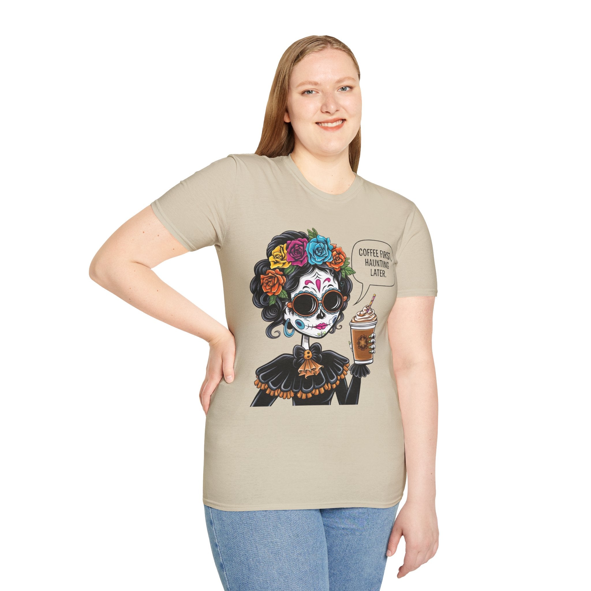Coffee First, Haunting Later Halloween T-Shirt, Cute Halloween Apparel, Coffee Lover Gift