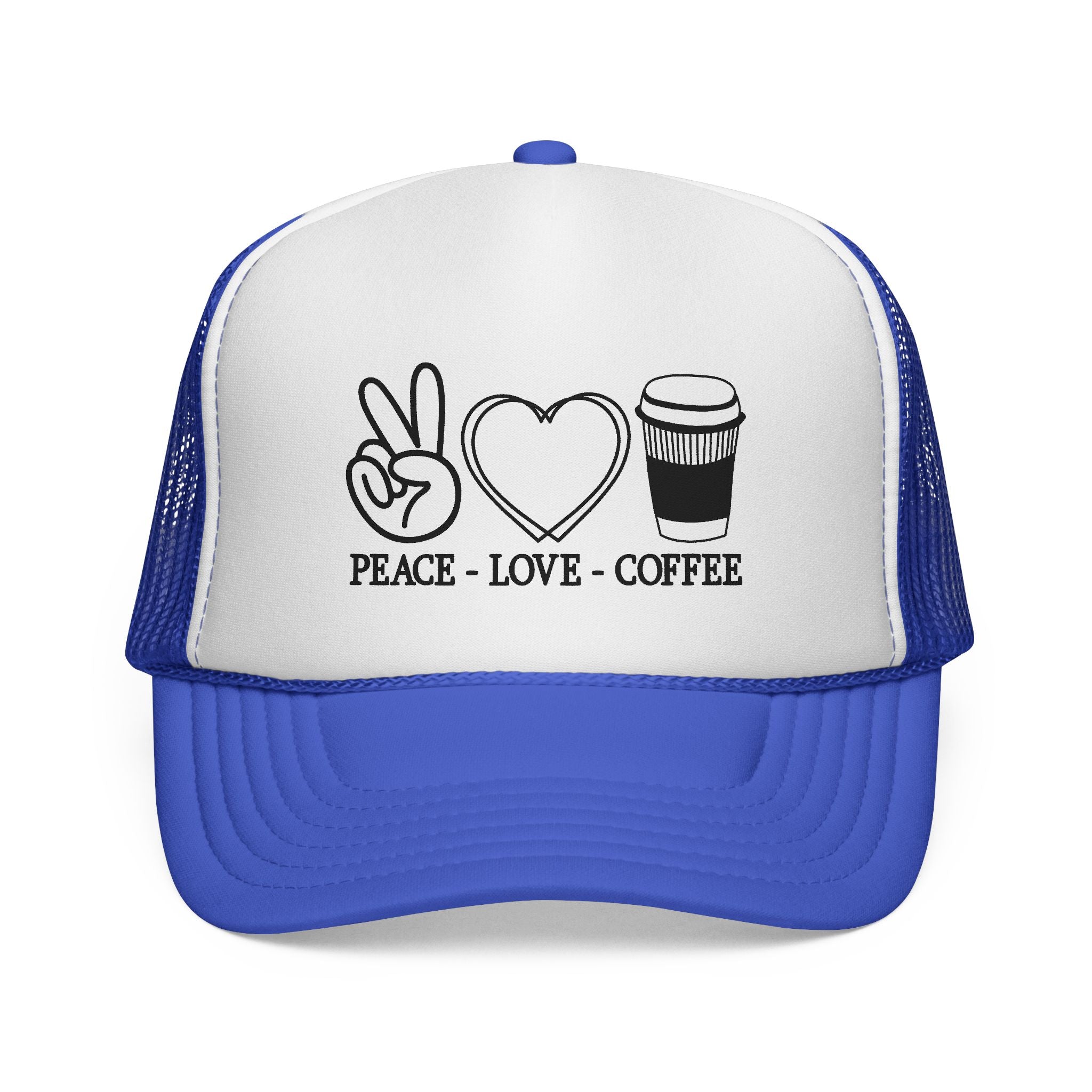 Peace, Love, Coffee Trucker Cap | Fun Casual Hat for Coffee Lovers | Great Gift for Holidays & Celebrations, Outdoors, Festivals, Beach