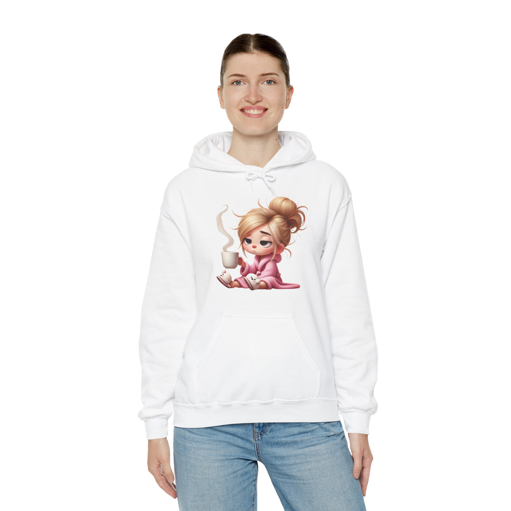 Cozy Illustration Hooded Sweatshirt, Relaxing Hoodie for Coffee Lovers