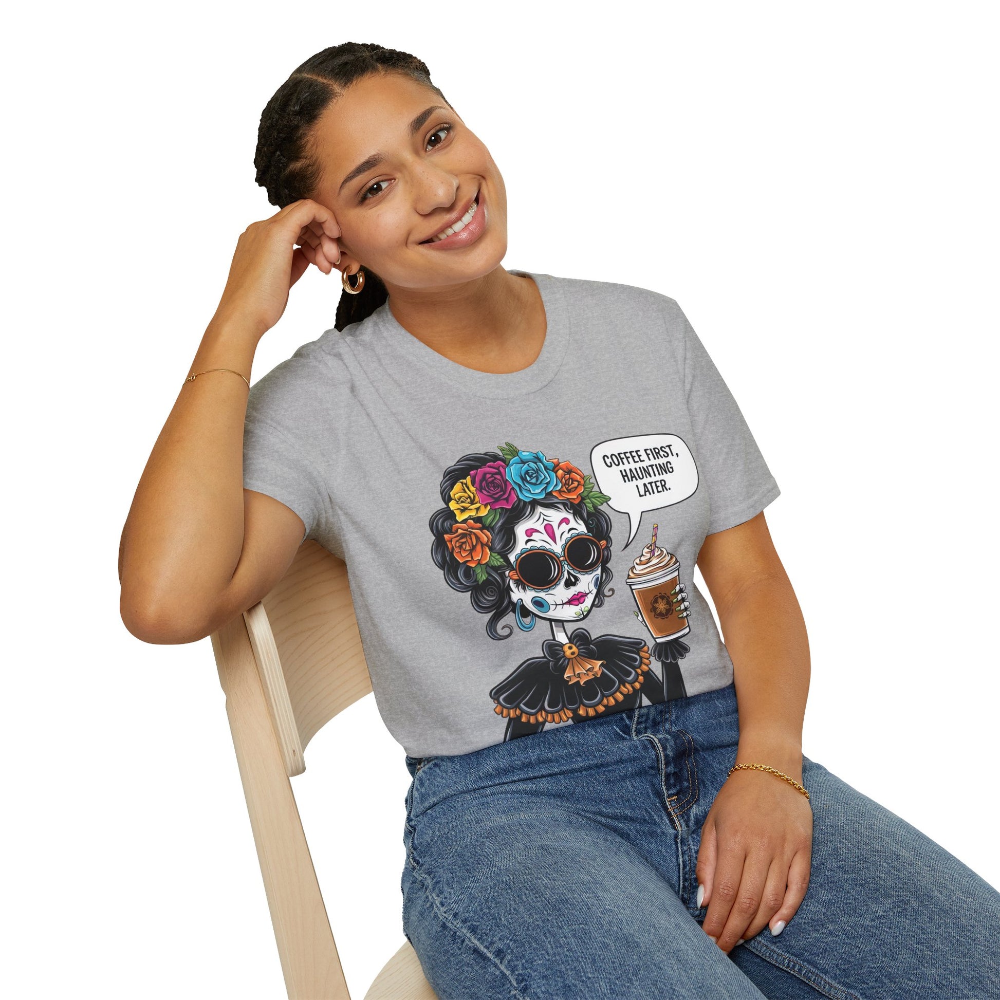 Coffee First, Haunting Later Halloween T-Shirt, Cute Halloween Apparel, Coffee Lover Gift