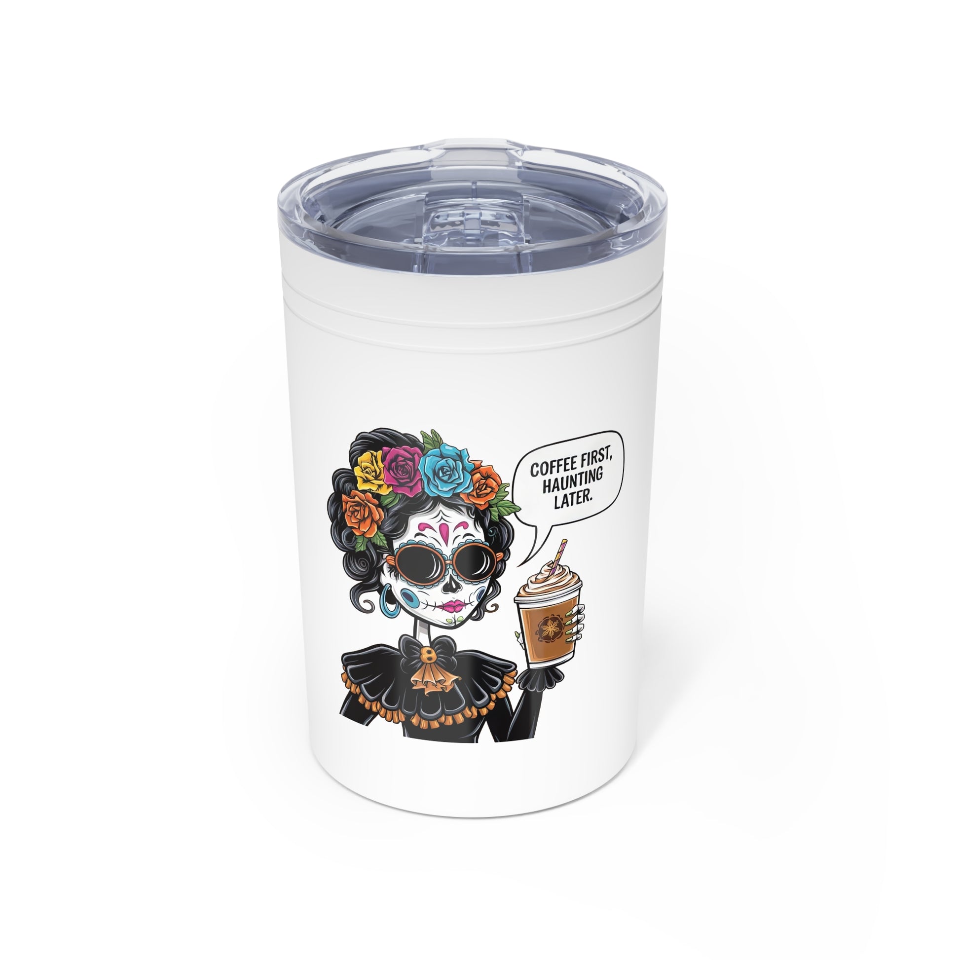 Coffee First Stainless Steel Tumbler 11oz, Day of the Dead Design, Travel Mug, Gift for Coffee Lovers, Halloween Decor