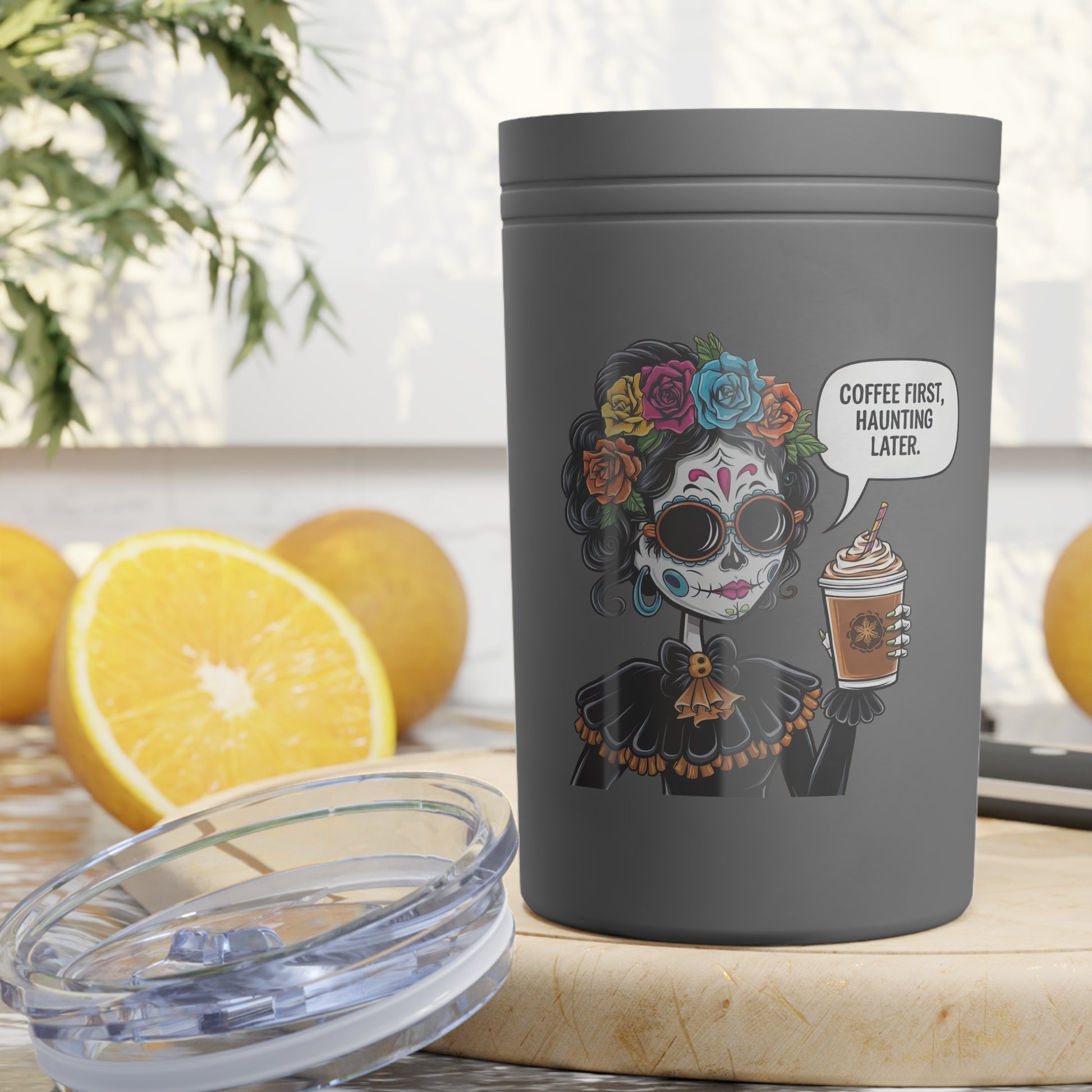 Coffee First Stainless Steel Tumbler 11oz, Day of the Dead Design, Travel Mug, Gift for Coffee Lovers, Halloween Decor