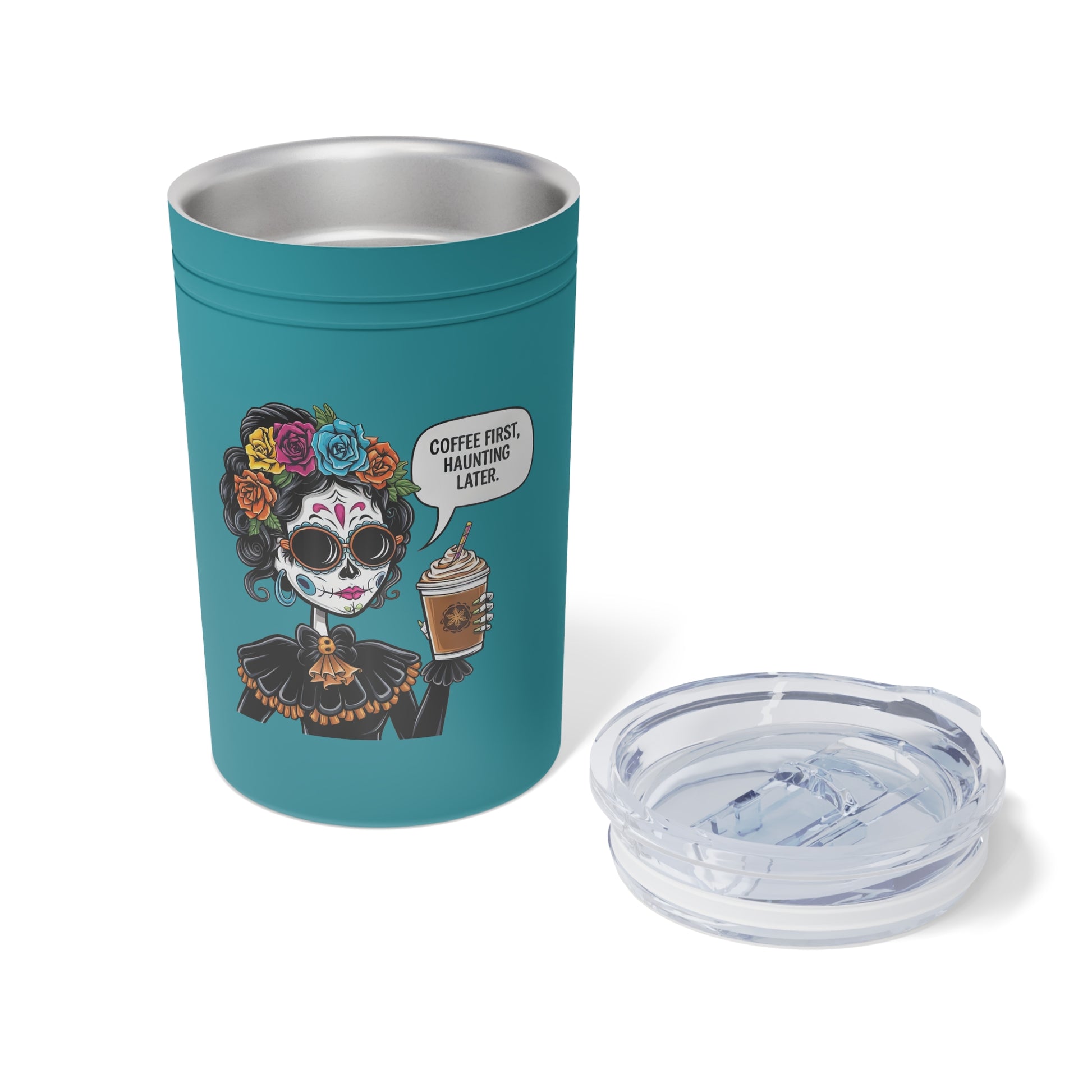 Coffee First Stainless Steel Tumbler 11oz, Day of the Dead Design, Travel Mug, Gift for Coffee Lovers, Halloween Decor