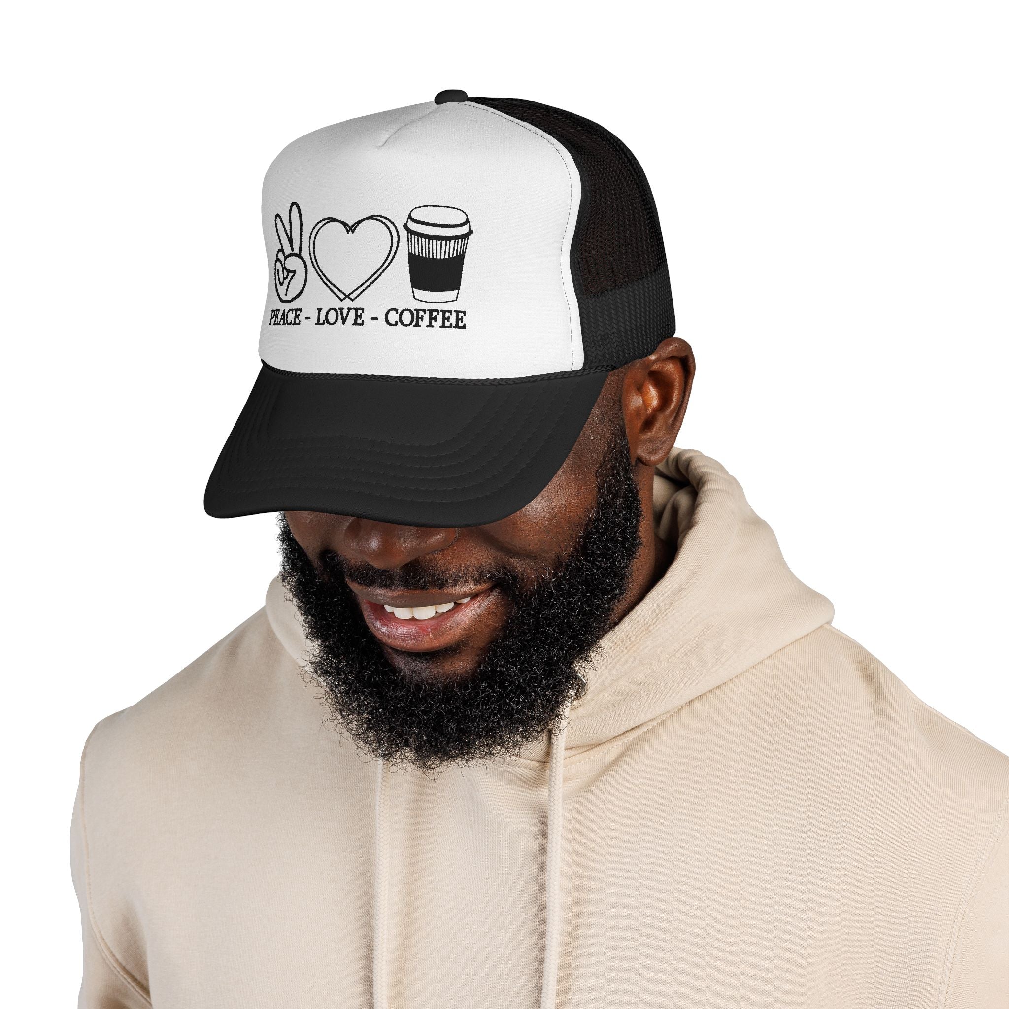 Peace, Love, Coffee Trucker Cap | Fun Casual Hat for Coffee Lovers | Great Gift for Holidays & Celebrations, Outdoors, Festivals, Beach