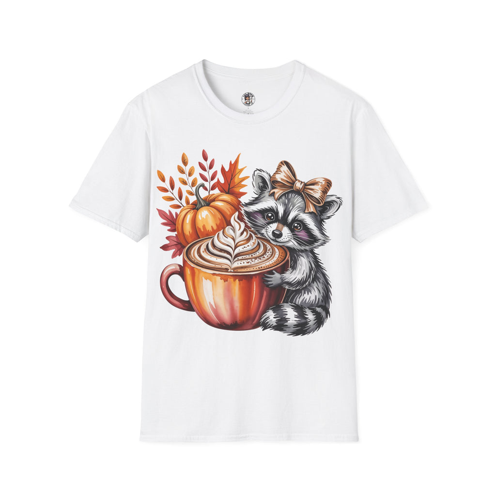 Cute Raccoon Fall T-Shirt, Autumn Tee, Cozy Coffee Shirt, Gift for Animal Lovers, Halloween Apparel, Seasonal Fashion