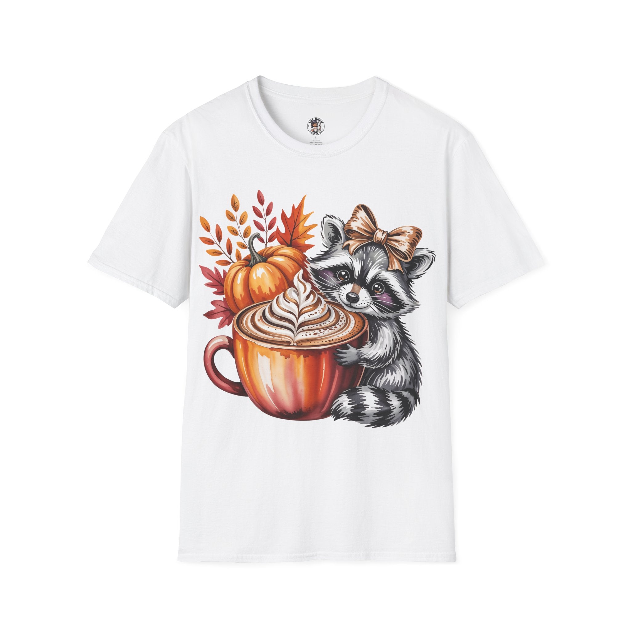 Cute Raccoon Fall T-Shirt, Autumn Tee, Cozy Coffee Shirt, Gift for Animal Lovers, Halloween Apparel, Seasonal Fashion