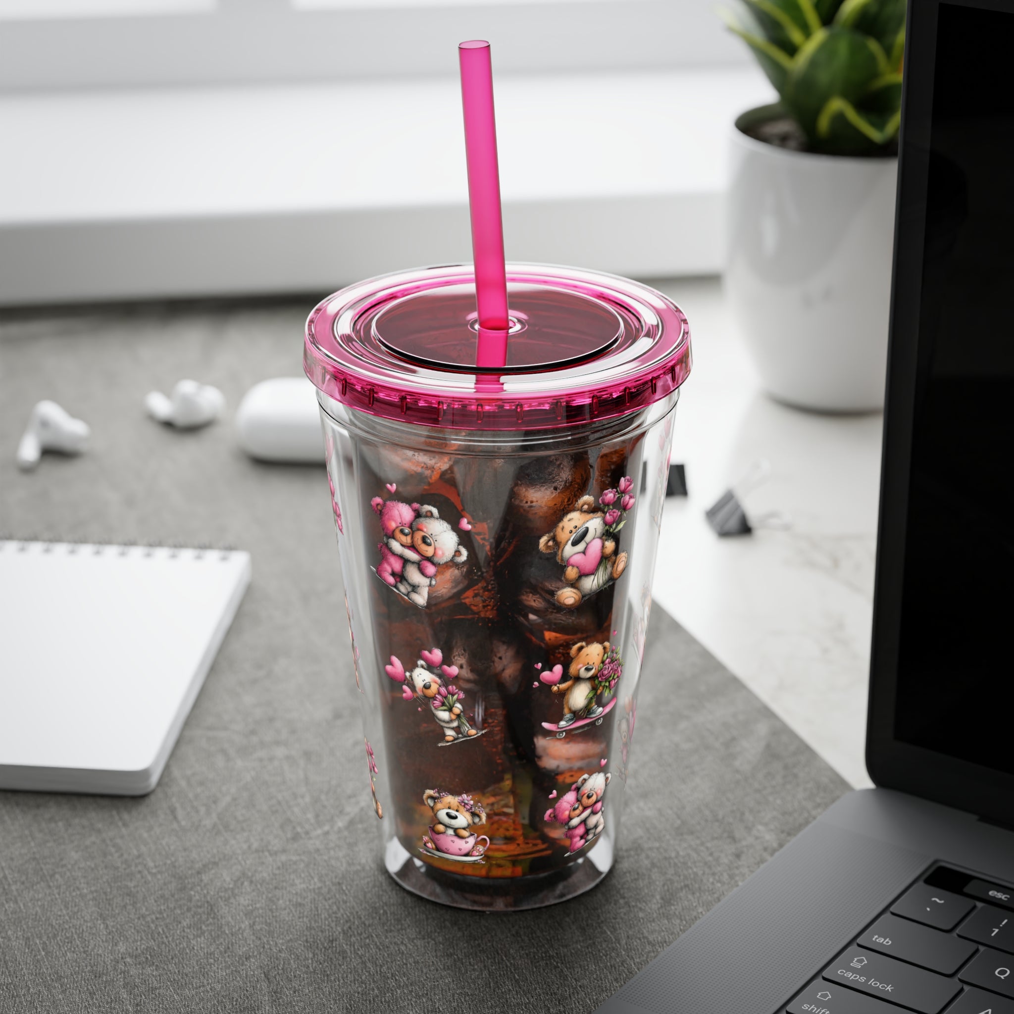 Valentine Bear Iced Coffee Cup, Trendy Coffee Mug, Sunsplash Tumbler with Lid and Straw, 16oz, Soda Cups, Tumblers for Coffee Lovers