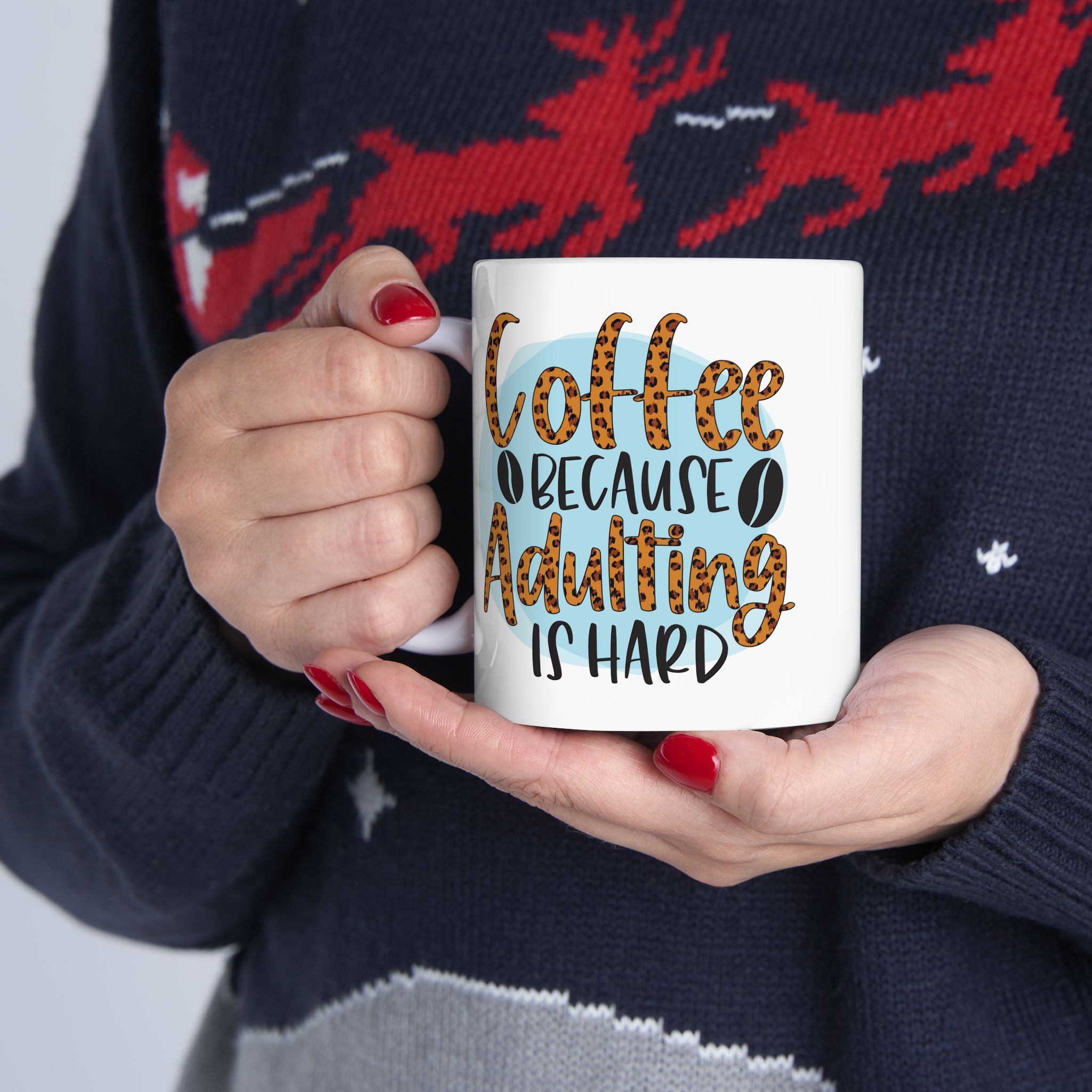 Coffee Ceramic Mug Leopard Script, Coffee Lovers Coffee, Coffee because Adulting is hard Cup 11oz & 15oz