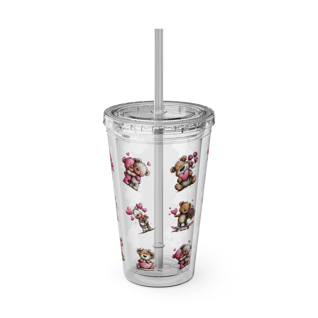 Valentine Bear Iced Coffee Cup, Trendy Coffee Mug, Sunsplash Tumbler with Lid and Straw, 16oz, Soda Cups, Tumblers for Coffee Lovers