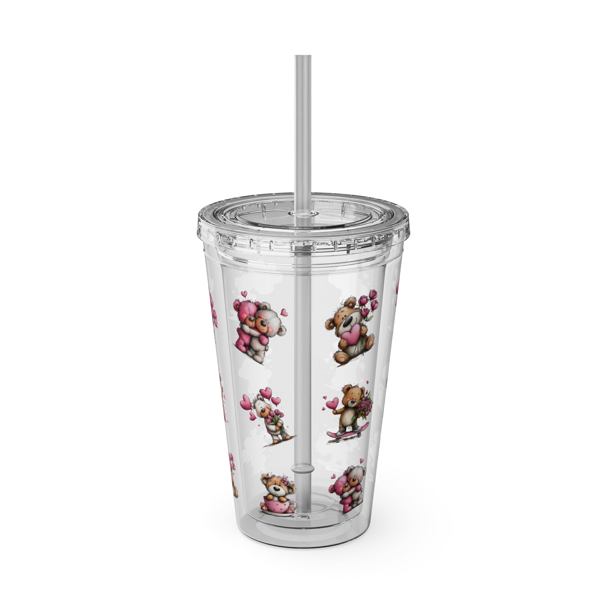 Valentine Bear Iced Coffee Cup, Trendy Coffee Mug, Sunsplash Tumbler with Lid and Straw, 16oz, Soda Cups, Tumblers for Coffee Lovers
