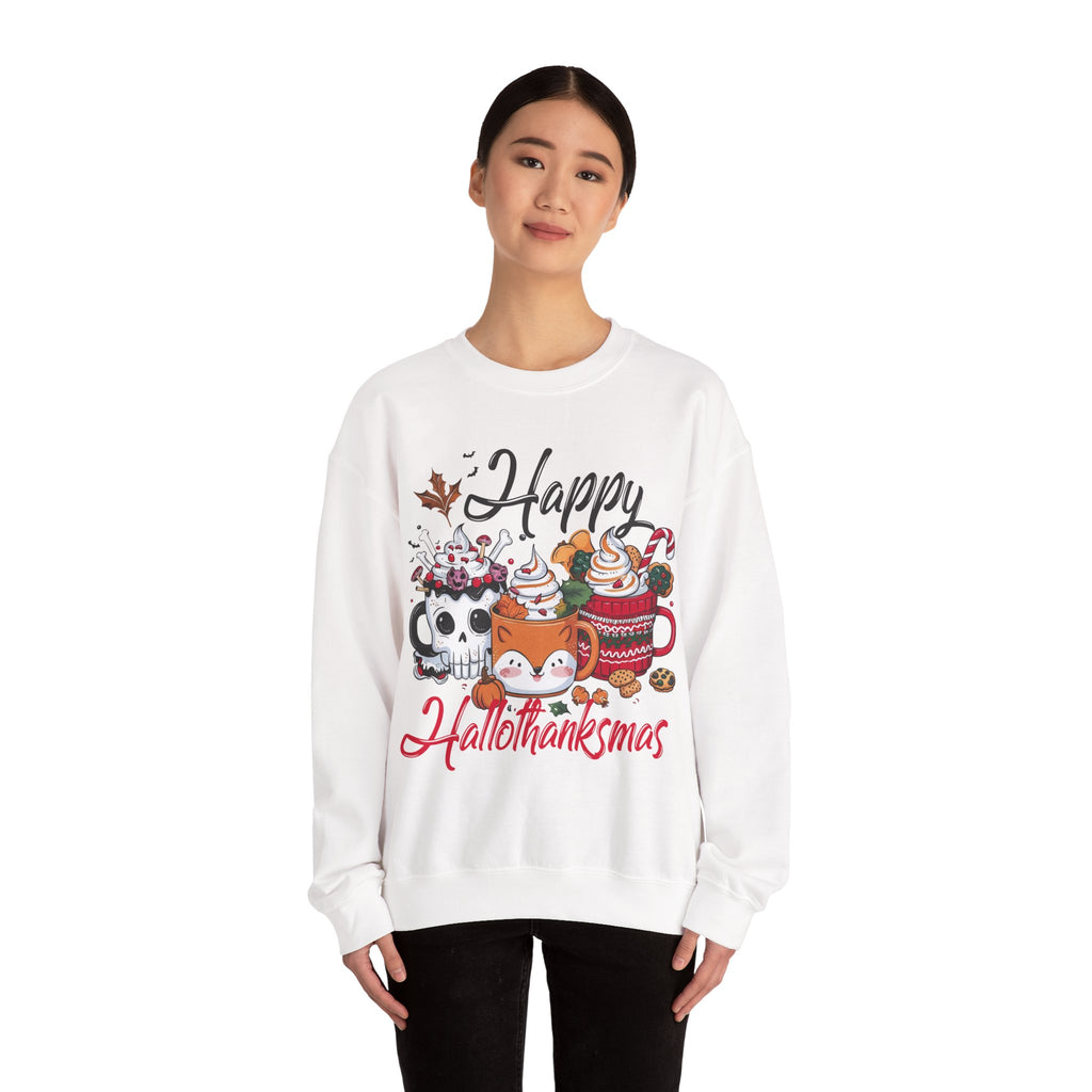 Happy Hallothankmas Sweatshirt, Cozy Crewneck for Fall, Unisex Seasonal Apparel, Perfect Gift for Halloween and Christmas, Cute Cat Design
