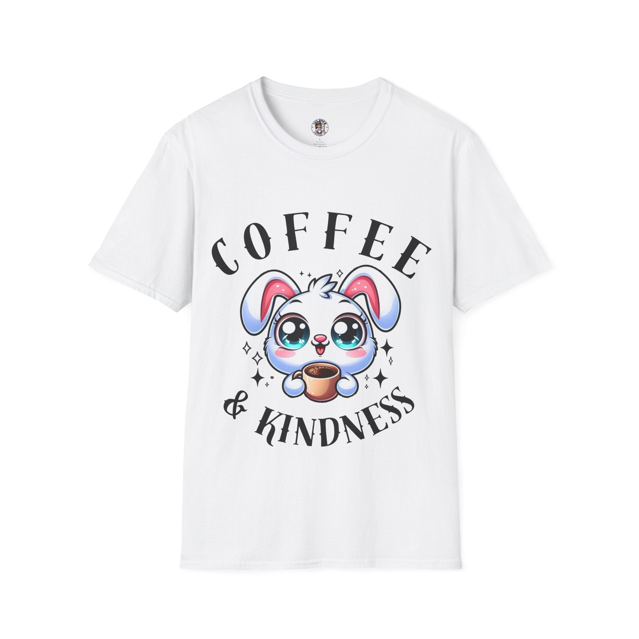 Coffee & Kindness Graphic T-Shirt, Cute Bunny Tee, Gift for Coffee Lovers, Animal Lover Shirt, Coffee Lovers T-Shirt