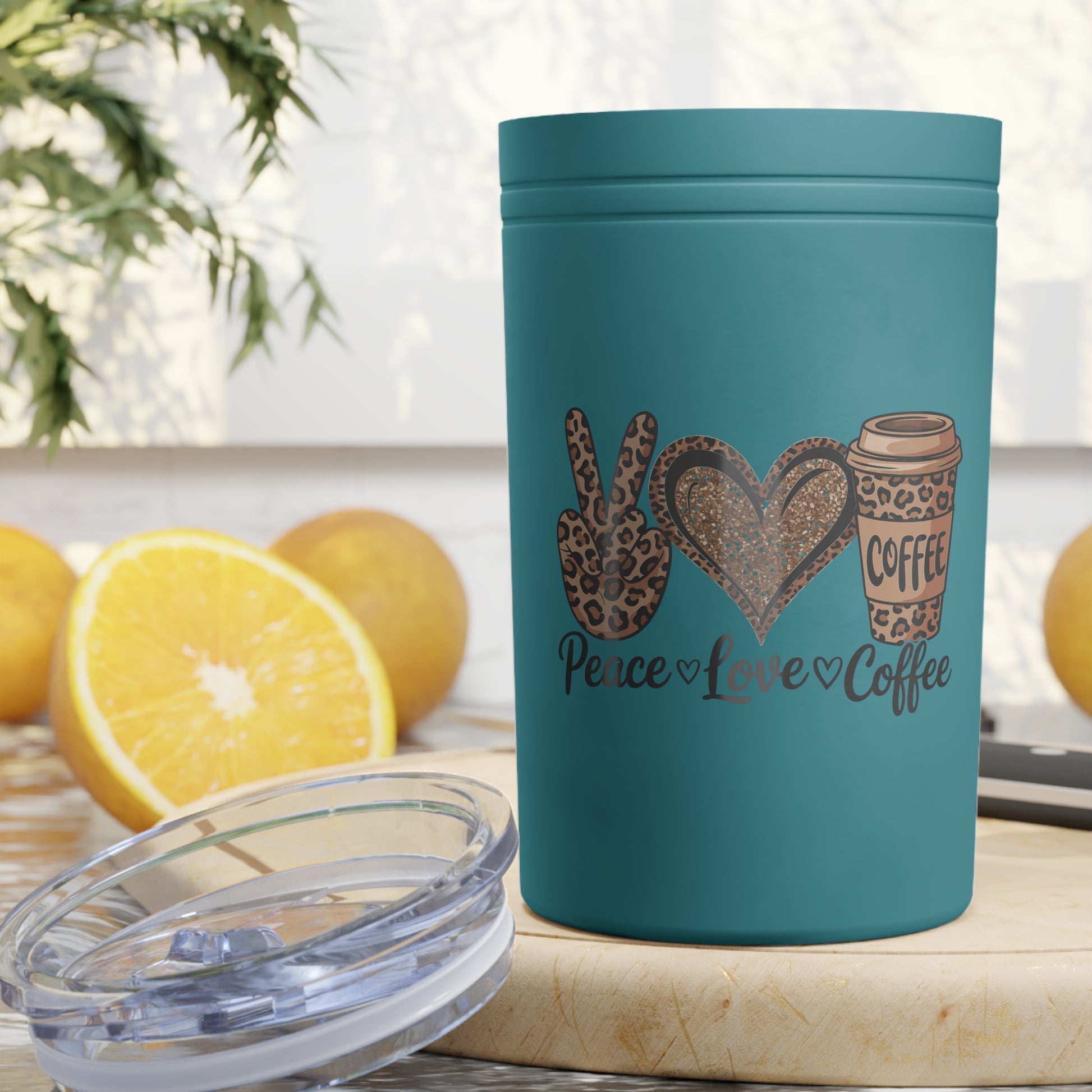 Peace, Love, Coffee Tumbler 11oz Insulated Mug for Coffee Lovers, Cute Gift for Her, Eco-Friendly Travel Cup