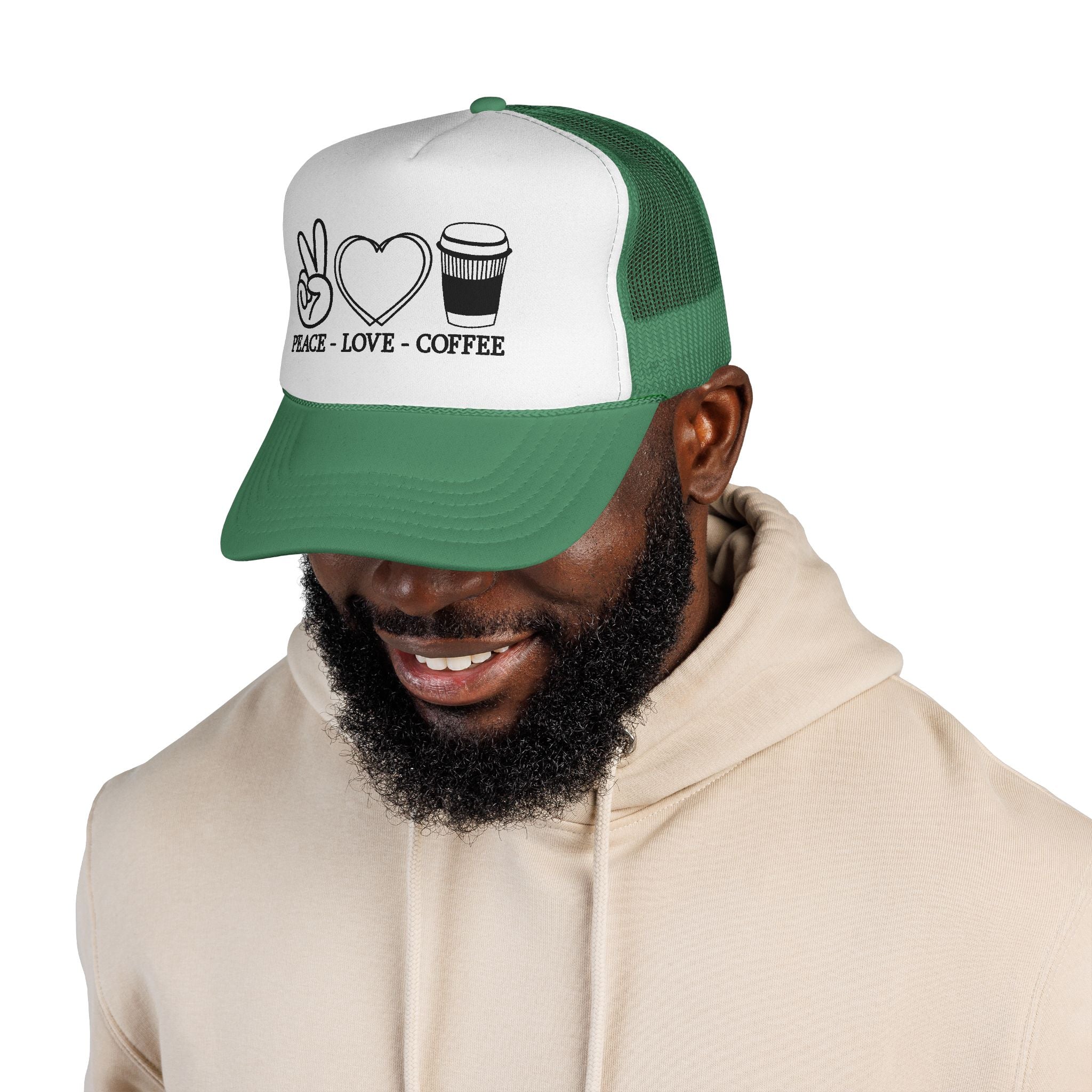Peace, Love, Coffee Trucker Cap | Fun Casual Hat for Coffee Lovers | Great Gift for Holidays & Celebrations, Outdoors, Festivals, Beach