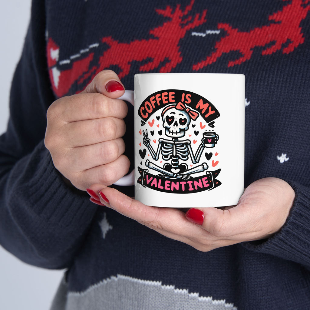Valentine's Coffee Lover's Ceramic Mug, Cute Skeleton Design 11oz