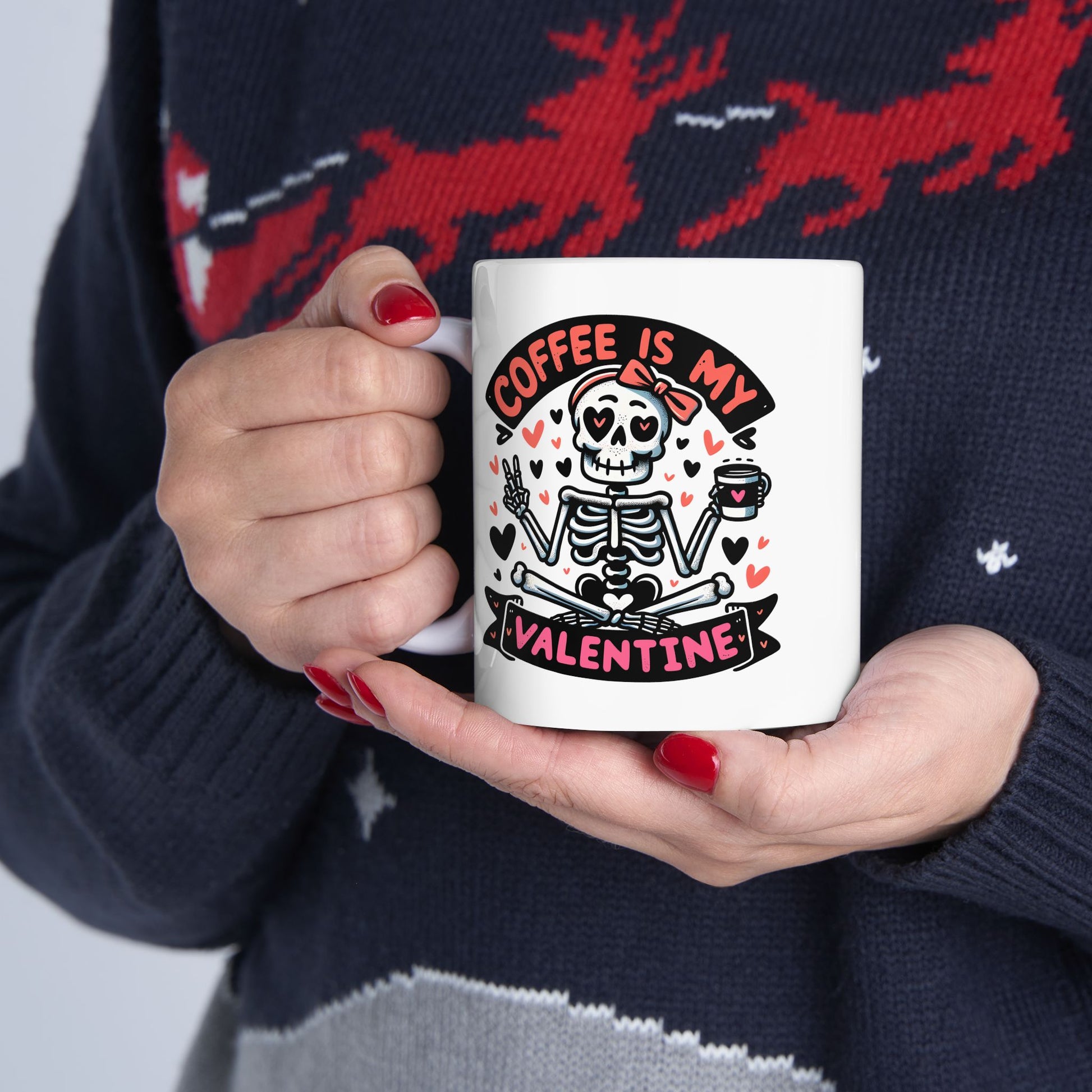 Valentine's Coffee Lover's Ceramic Mug, Cute Skeleton Design 11oz