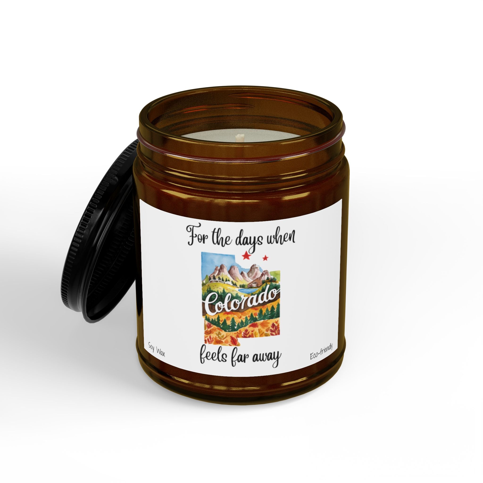 For the days when Colorado feels far away, Homesick Colorado Gift, State Candle, Souvenir, Scented Soy Candles Black Lid, Eco-friendly Gift