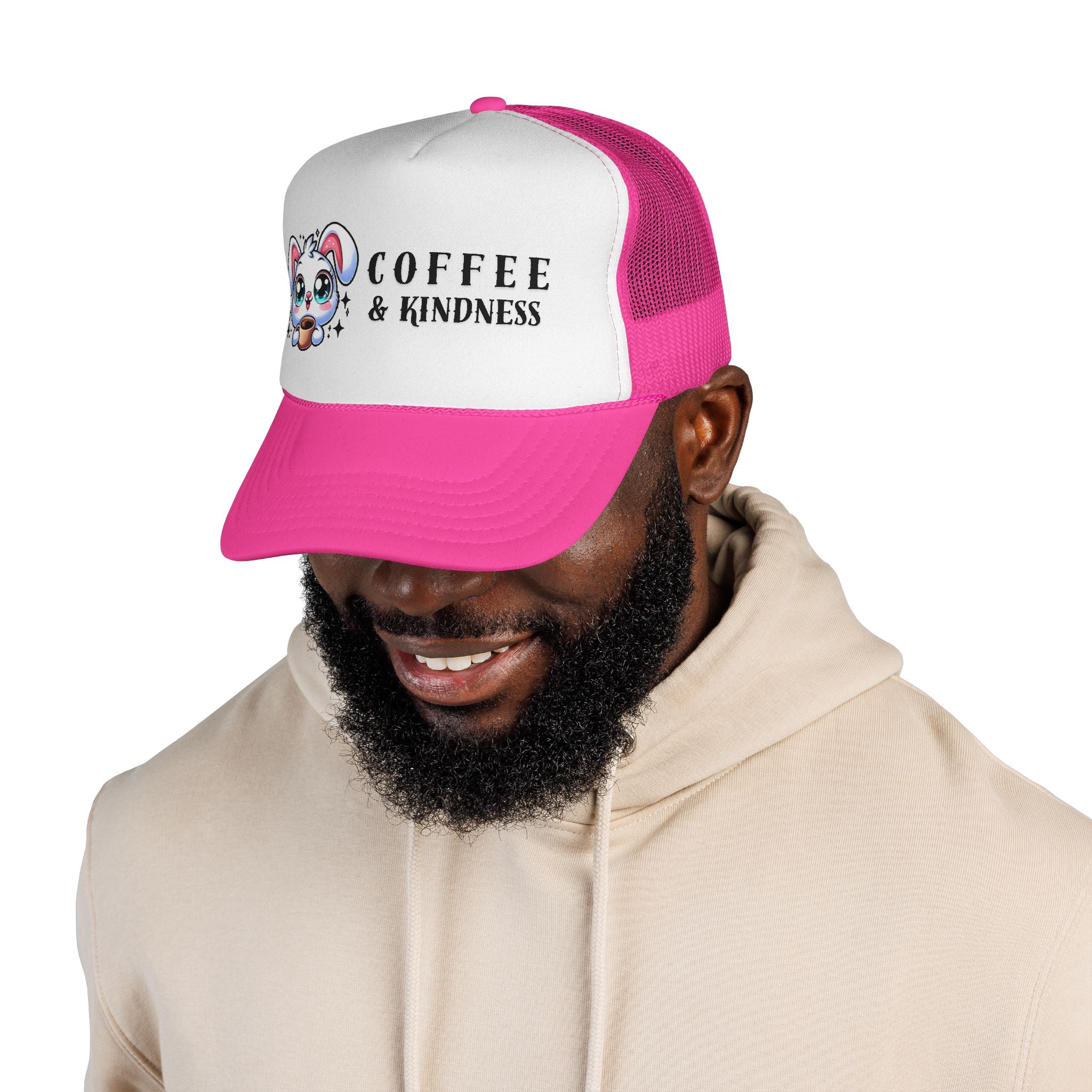 Cute Coffee & Kindness Trucker Cap, Kawaii Bunny Hat, Gift for Coffee Lovers, Spring Accessory, Animal Lover Apparel