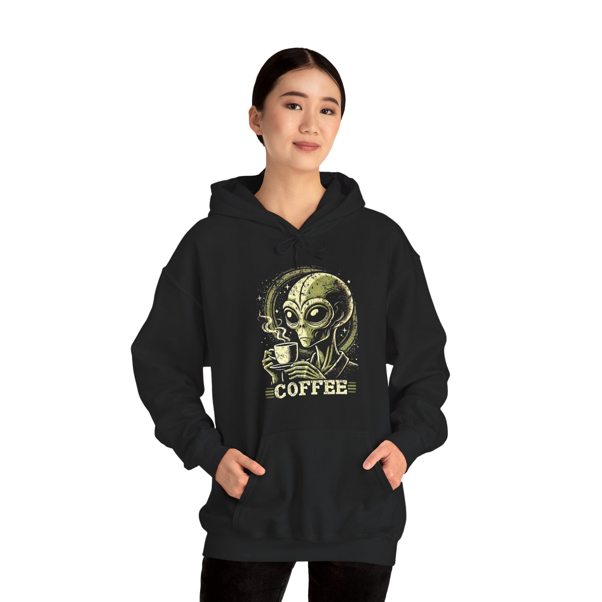 Coffee Alien Unisex Hoodie, Gift for Coffee Lovers, Cute Sci-Fi Apparel