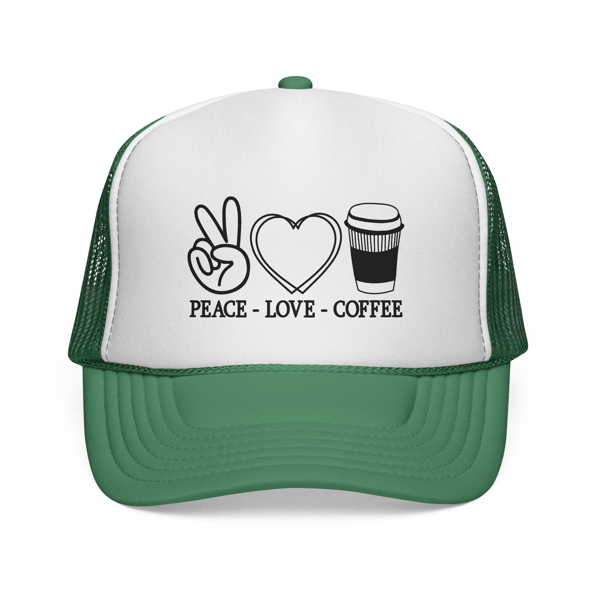 Peace, Love, Coffee Trucker Cap | Fun Casual Hat for Coffee Lovers | Great Gift for Holidays & Celebrations, Outdoors, Festivals, Beach