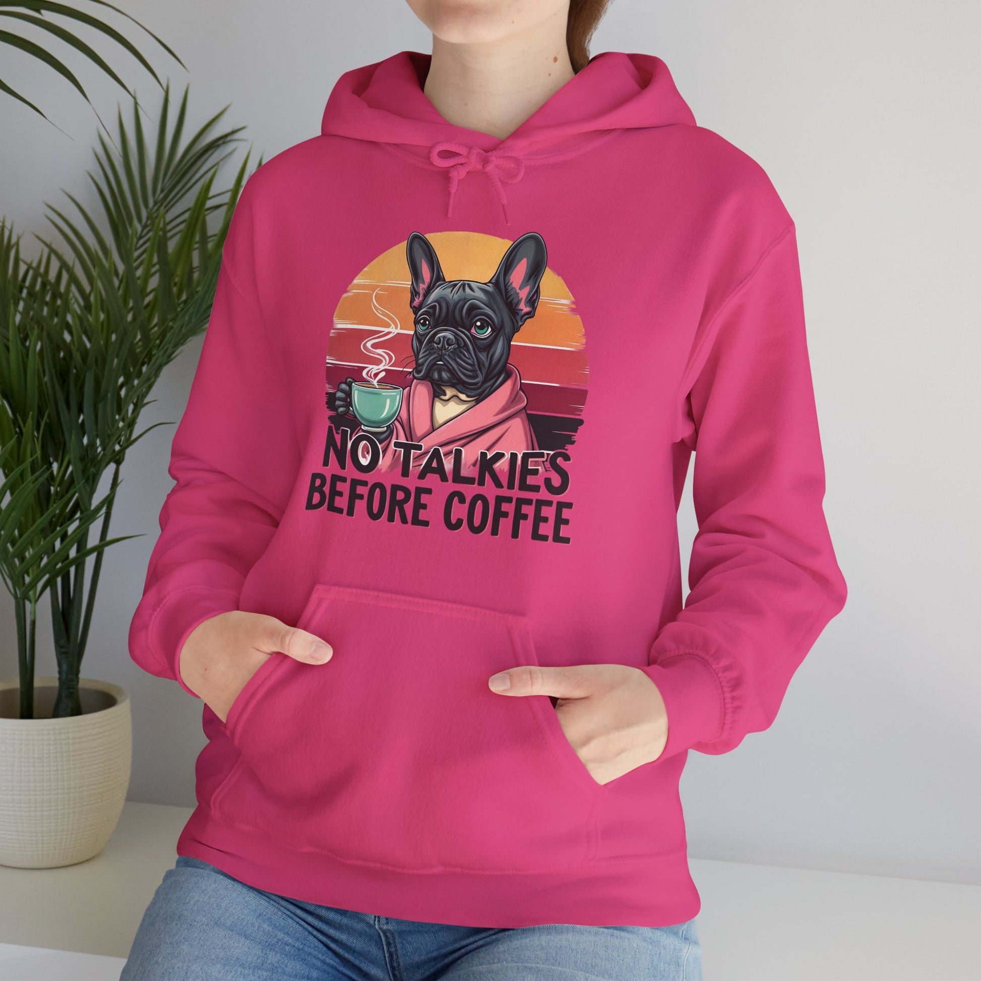Coffee Lovers Hoodie with French Bulldog Design, No talkies before Coffee Hoodie