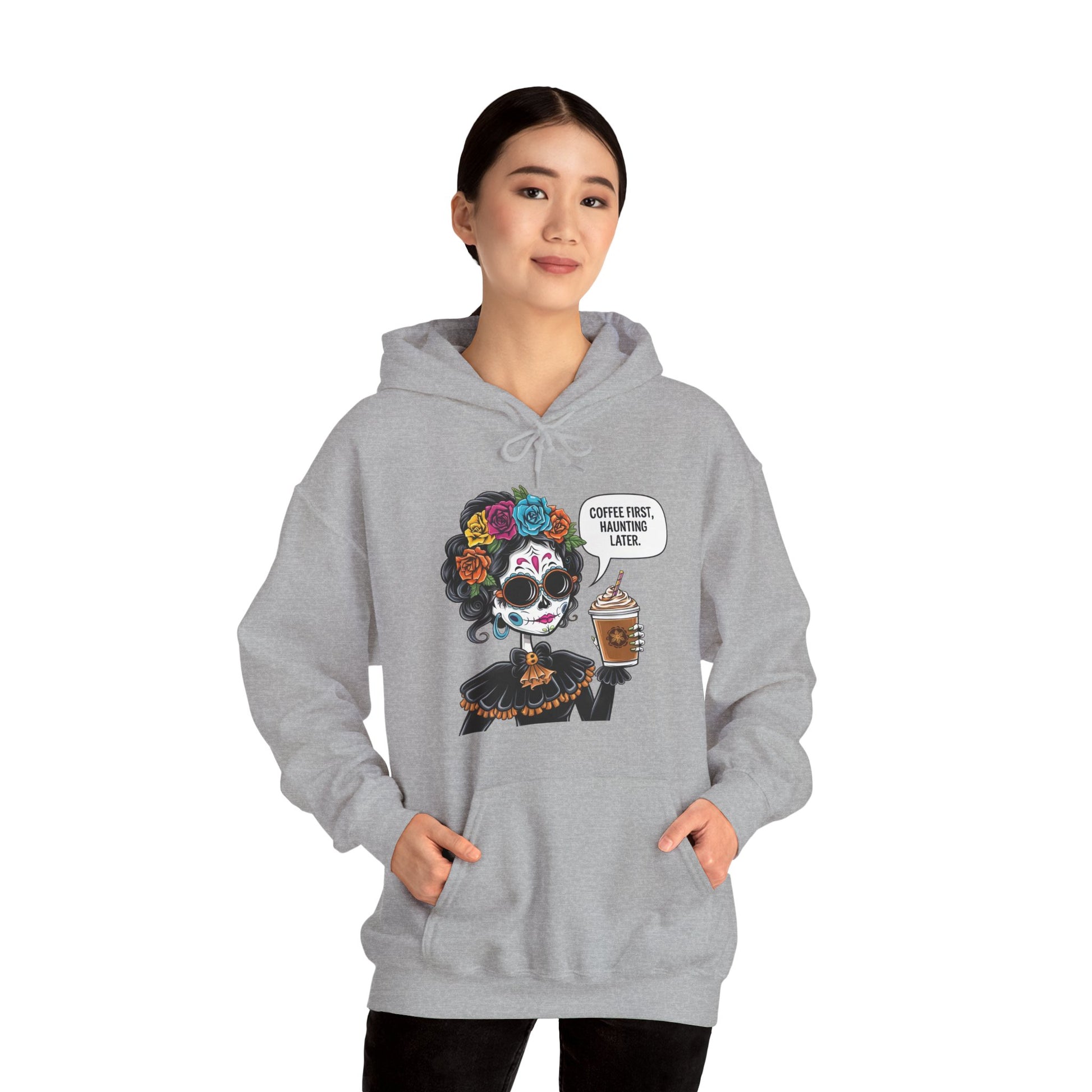 Coffee First Haunting later Hooded Sweatshirt for Coffee Lovers, Cozy Sweatshirt for Halloween