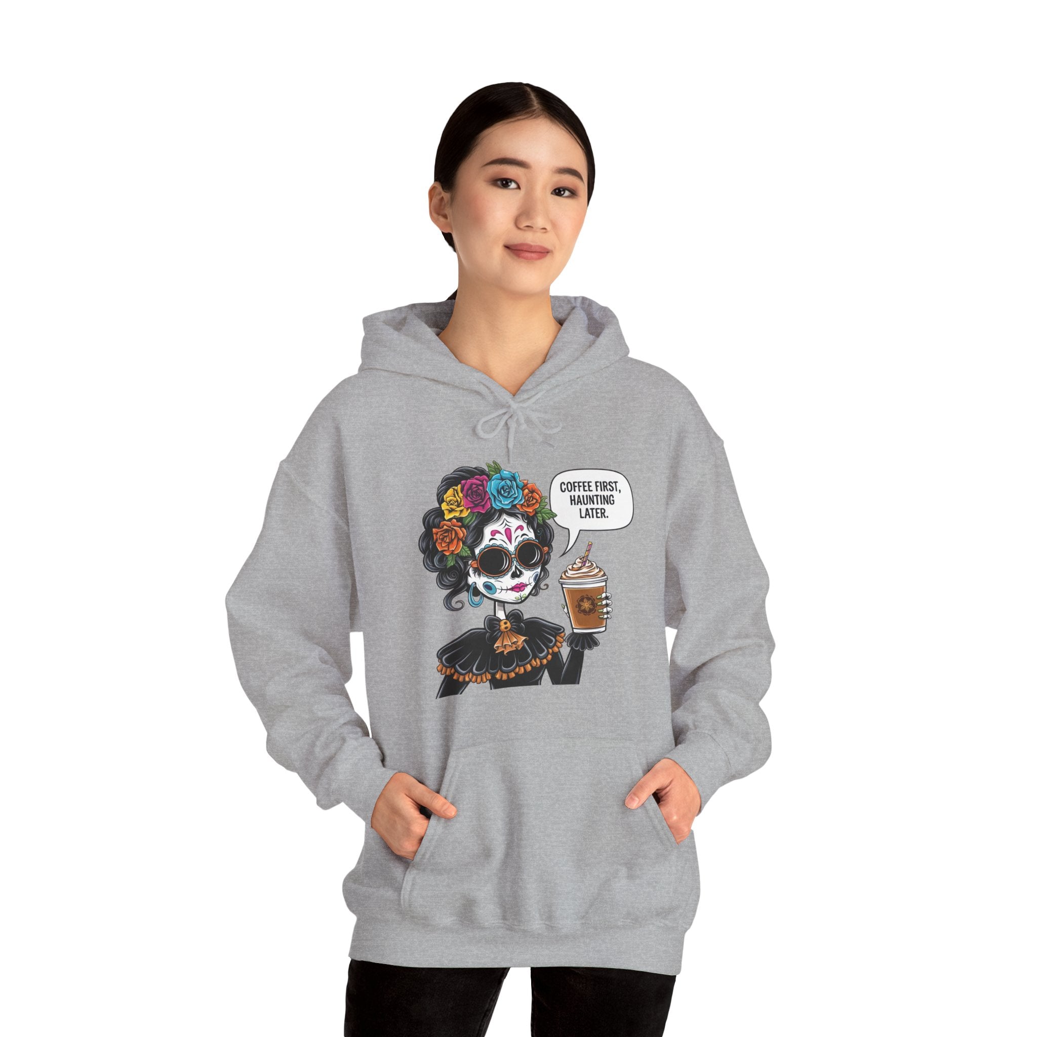 Coffee First Haunting later Hooded Sweatshirt for Coffee Lovers, Cozy Sweatshirt for Halloween