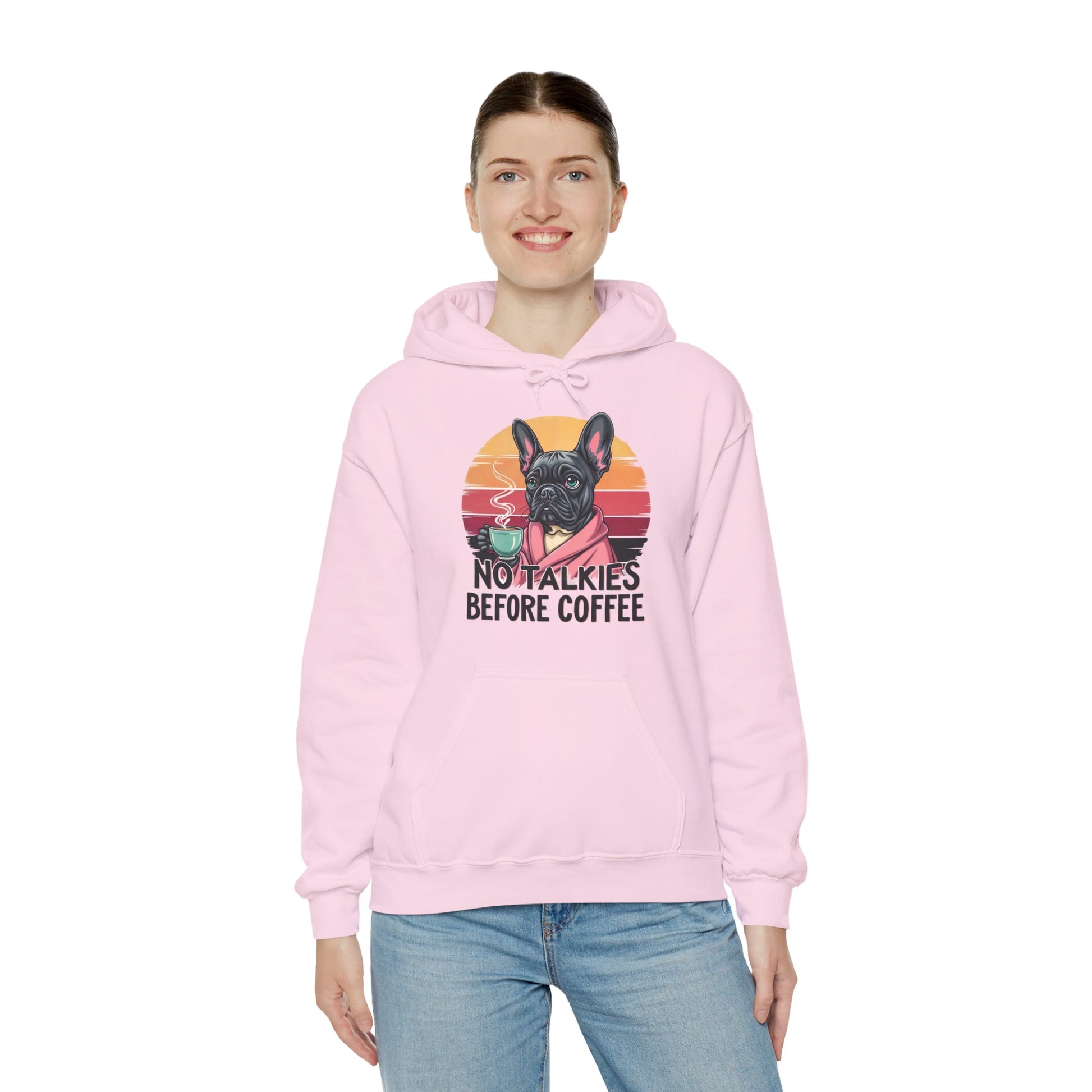 Coffee Lovers Hoodie with French Bulldog Design, No talkies before Coffee Hoodie