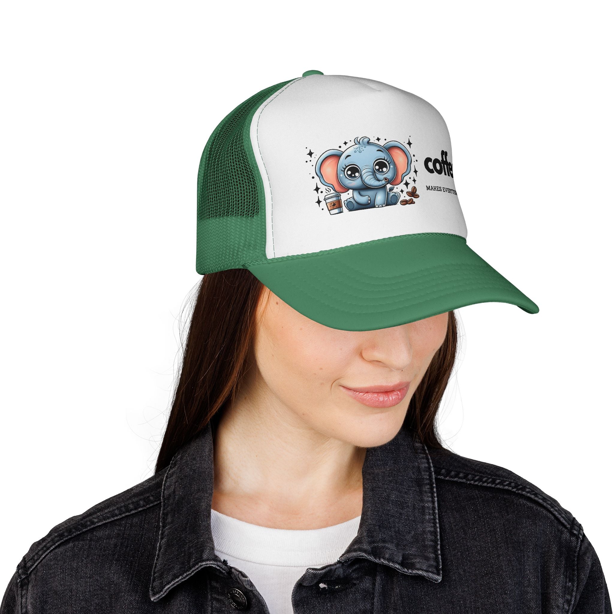 Coffee-Themed Trucker Cap, Cute Elephant Design, Perfect for Coffee Lovers, Fun Gift for Holidays and Everyday Wear
