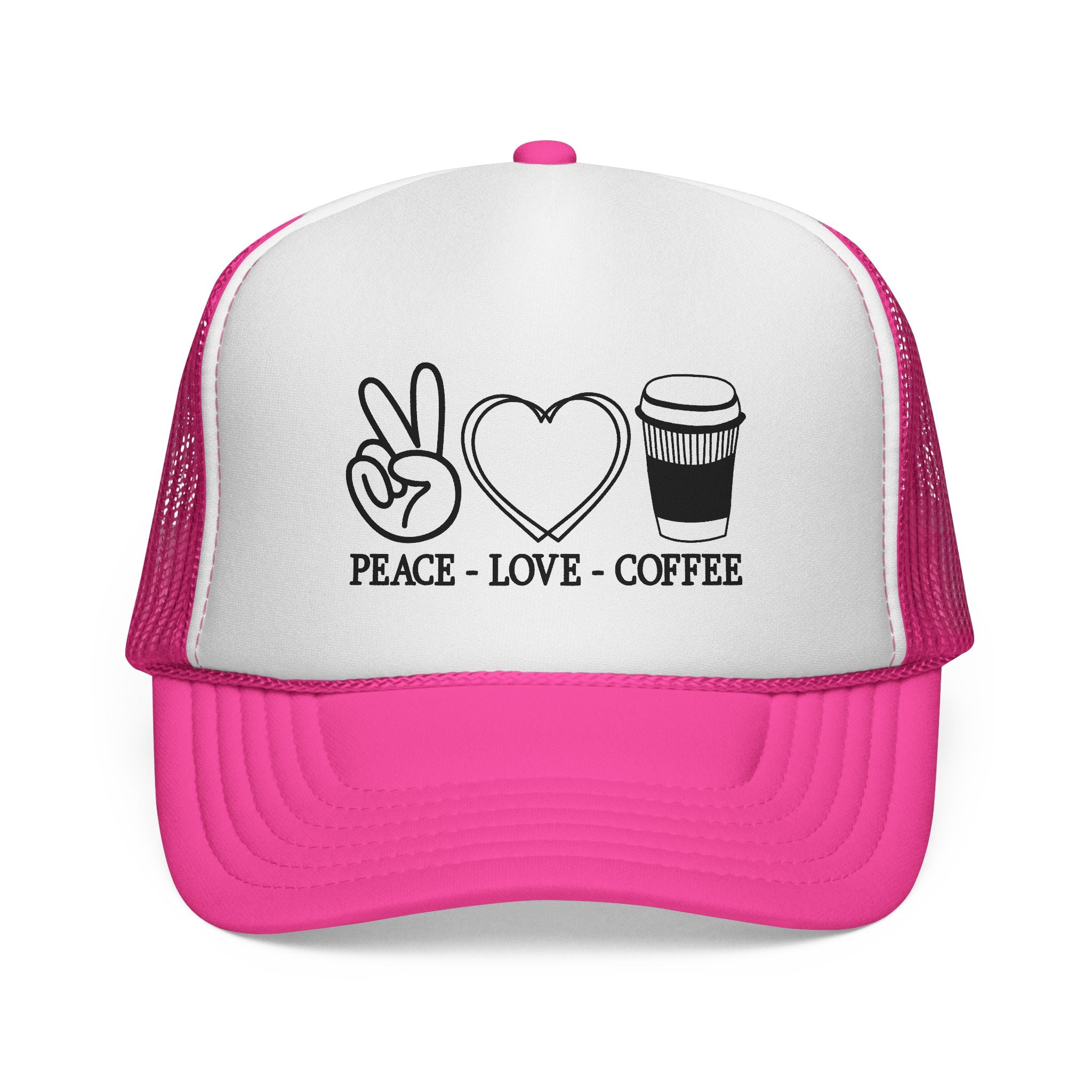 Peace, Love, Coffee Trucker Cap | Fun Casual Hat for Coffee Lovers | Great Gift for Holidays & Celebrations, Outdoors, Festivals, Beach