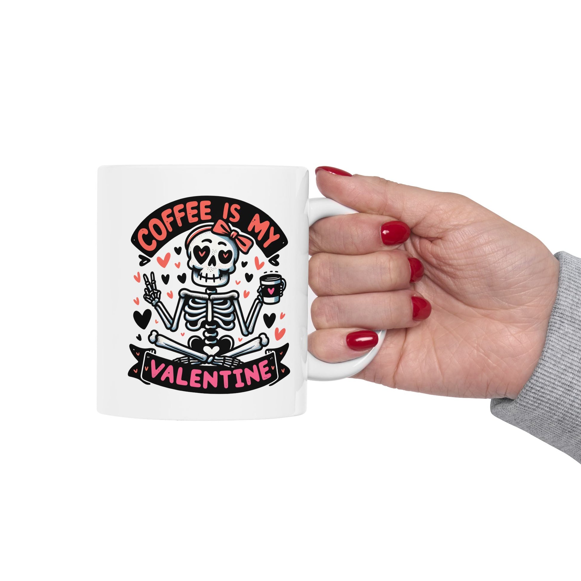 Valentine's Coffee Lover's Ceramic Mug, Cute Skeleton Design 11oz