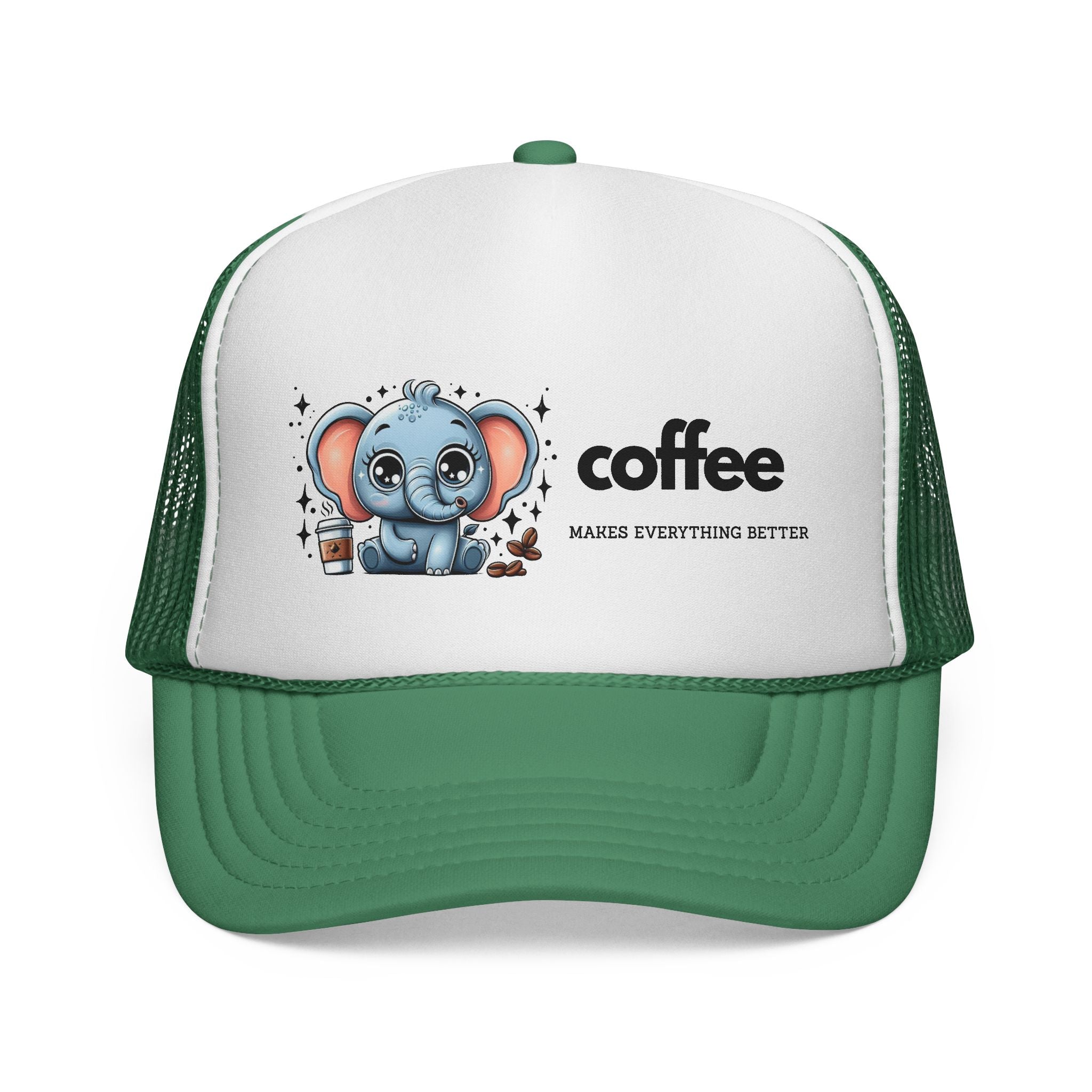Coffee-Themed Trucker Cap, Cute Elephant Design, Perfect for Coffee Lovers, Fun Gift for Holidays and Everyday Wear