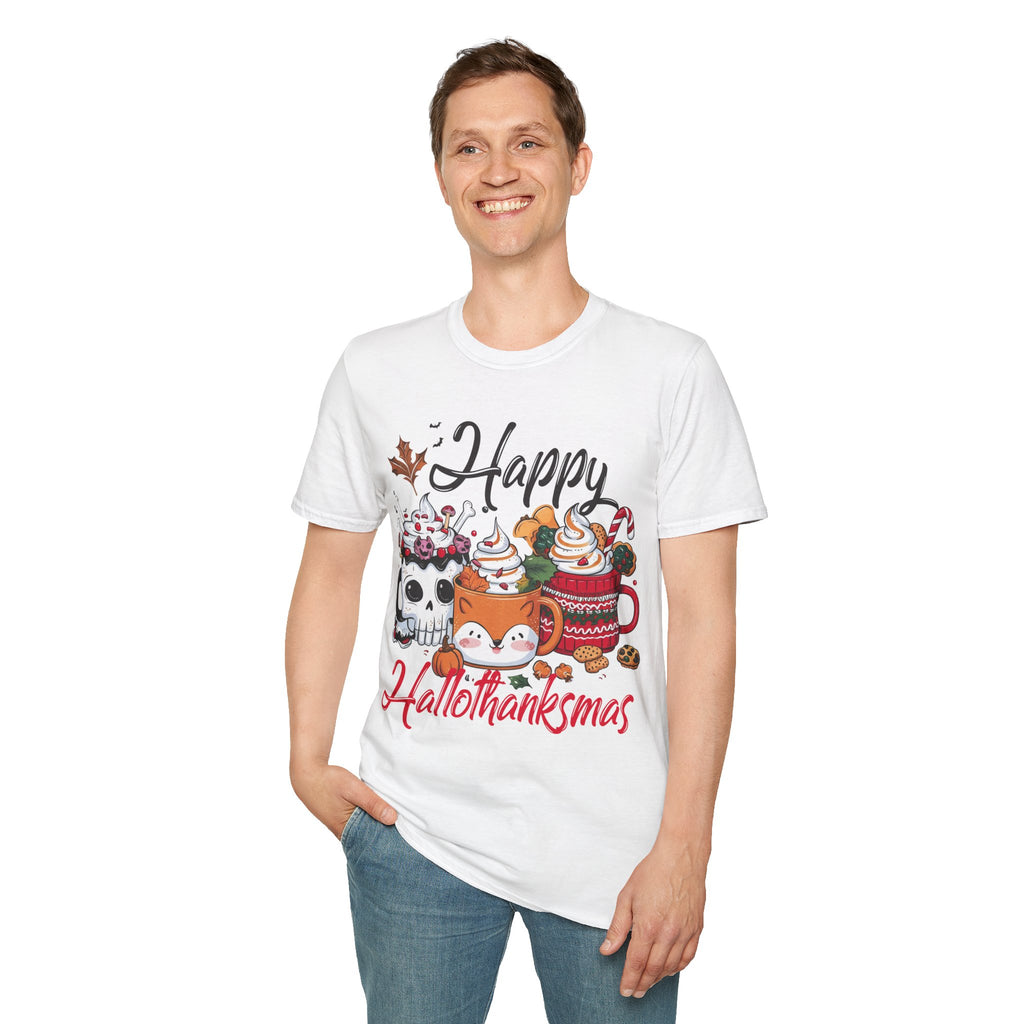 Happy Hallothanksmas Unisex Softstyle T-Shirt | Cute Holiday Tee, Fall Shirt, Halloween Christmas Shirt