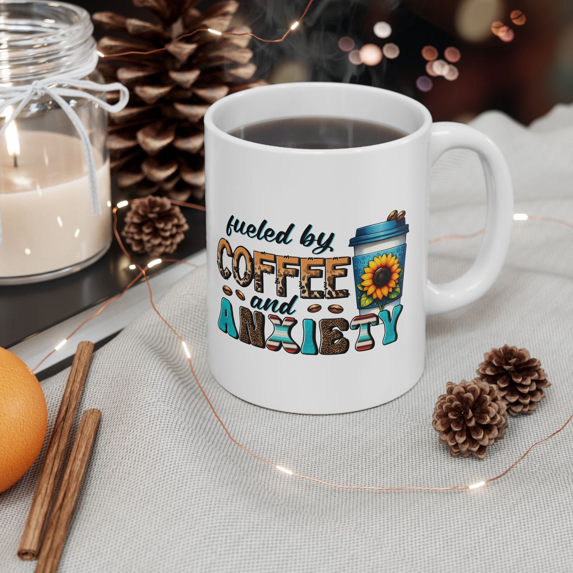 Fueled by Coffee and Anxiety Coffee Mug, Sunflower Coffee Ceramic Mug 11oz