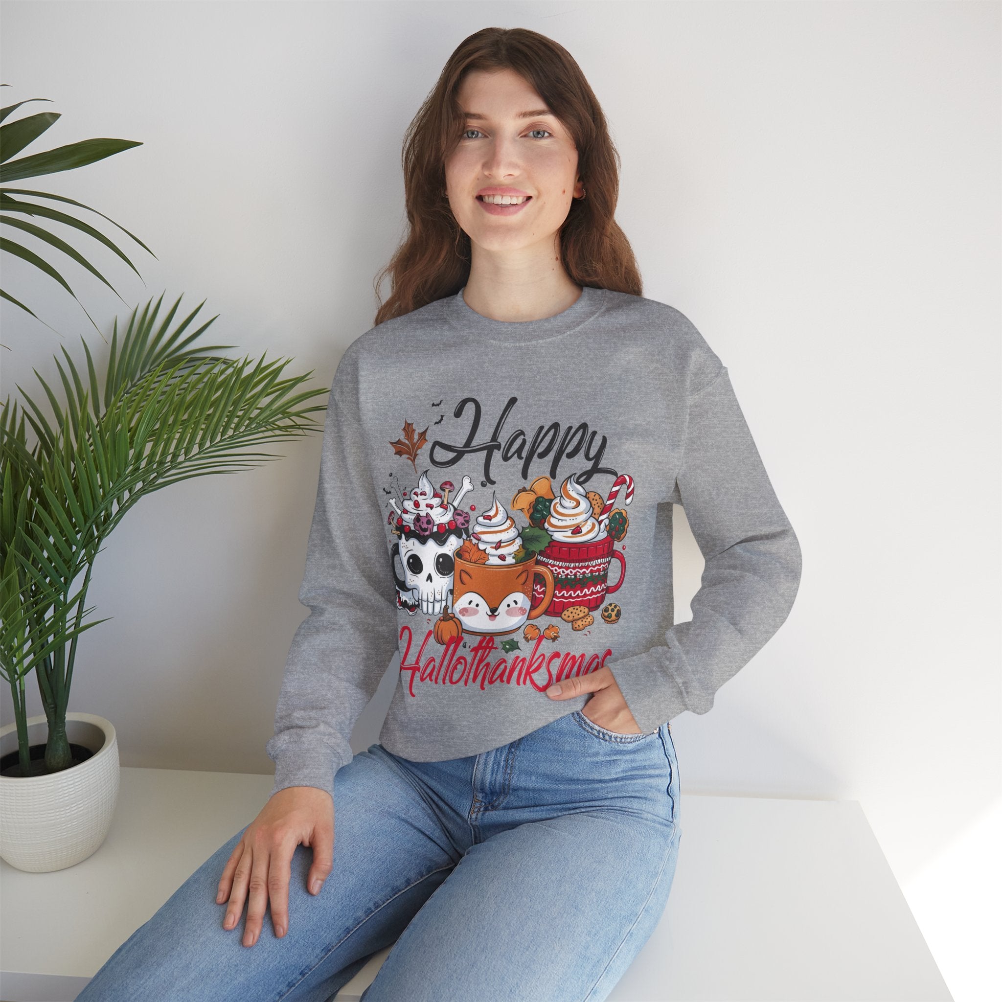 Happy Hallothankmas Sweatshirt, Cozy Crewneck for Fall, Unisex Seasonal Apparel, Perfect Gift for Halloween and Christmas, Cute Cat Design