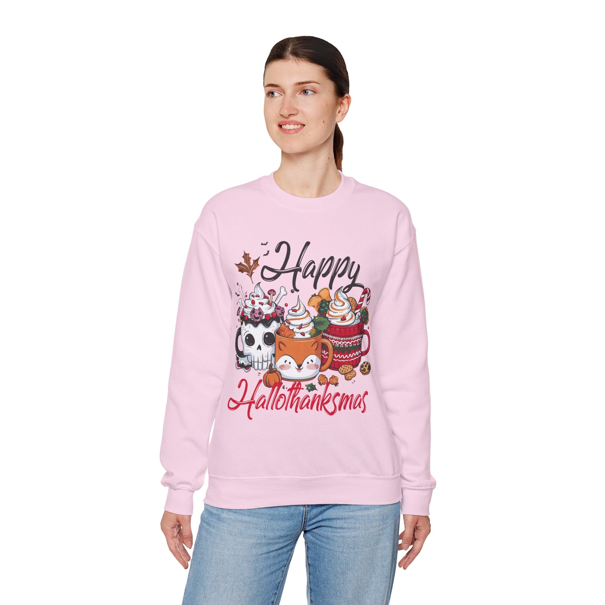Happy Hallothankmas Sweatshirt, Cozy Crewneck for Fall, Unisex Seasonal Apparel, Perfect Gift for Halloween and Christmas, Cute Cat Design