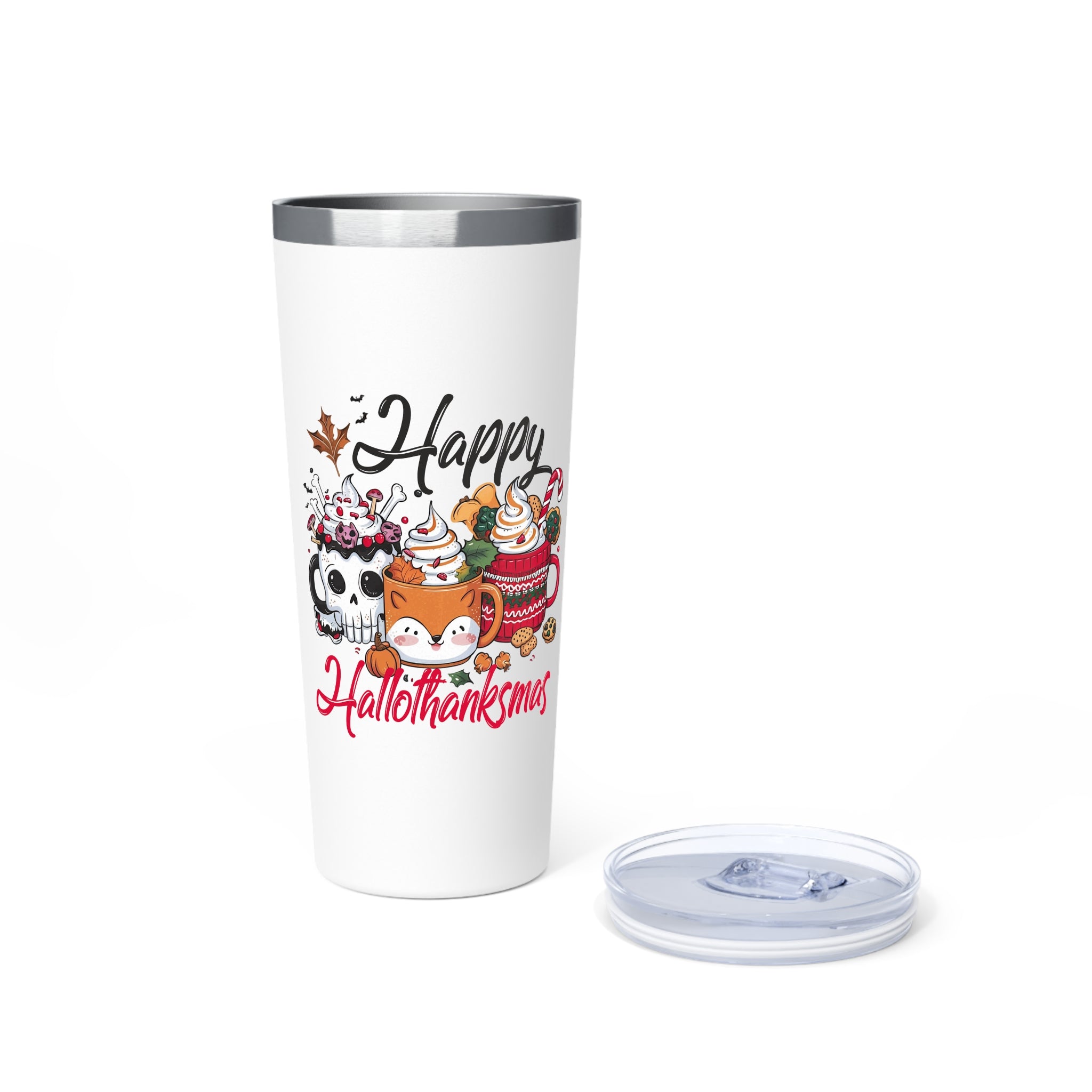 Happy Hallothanksmas Copper Tumbler, Insulated Coffee Mug, Fall Beverage Cup, Halloween and Thanksgiving Drinkware, Unique Holiday Gift