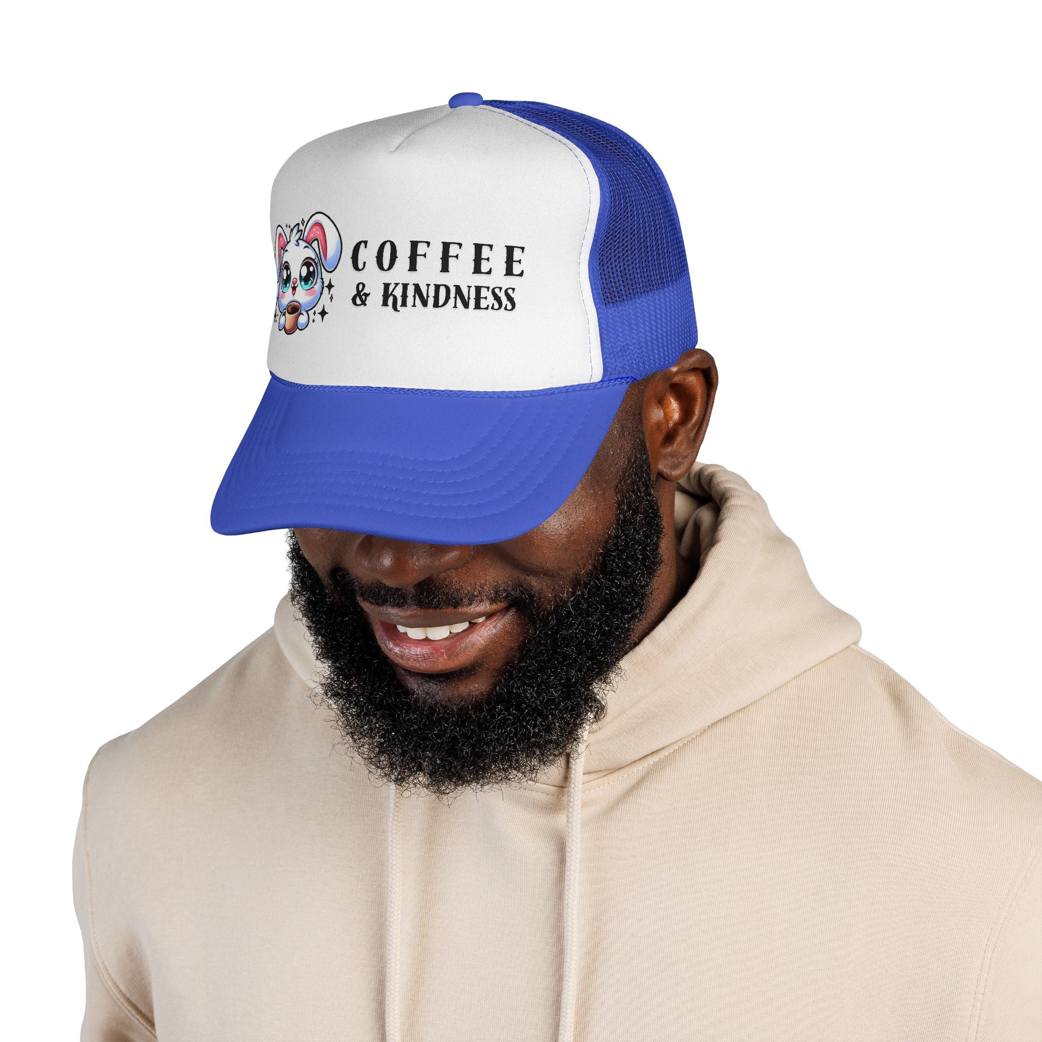 Cute Coffee & Kindness Trucker Cap, Kawaii Bunny Hat, Gift for Coffee Lovers, Spring Accessory, Animal Lover Apparel