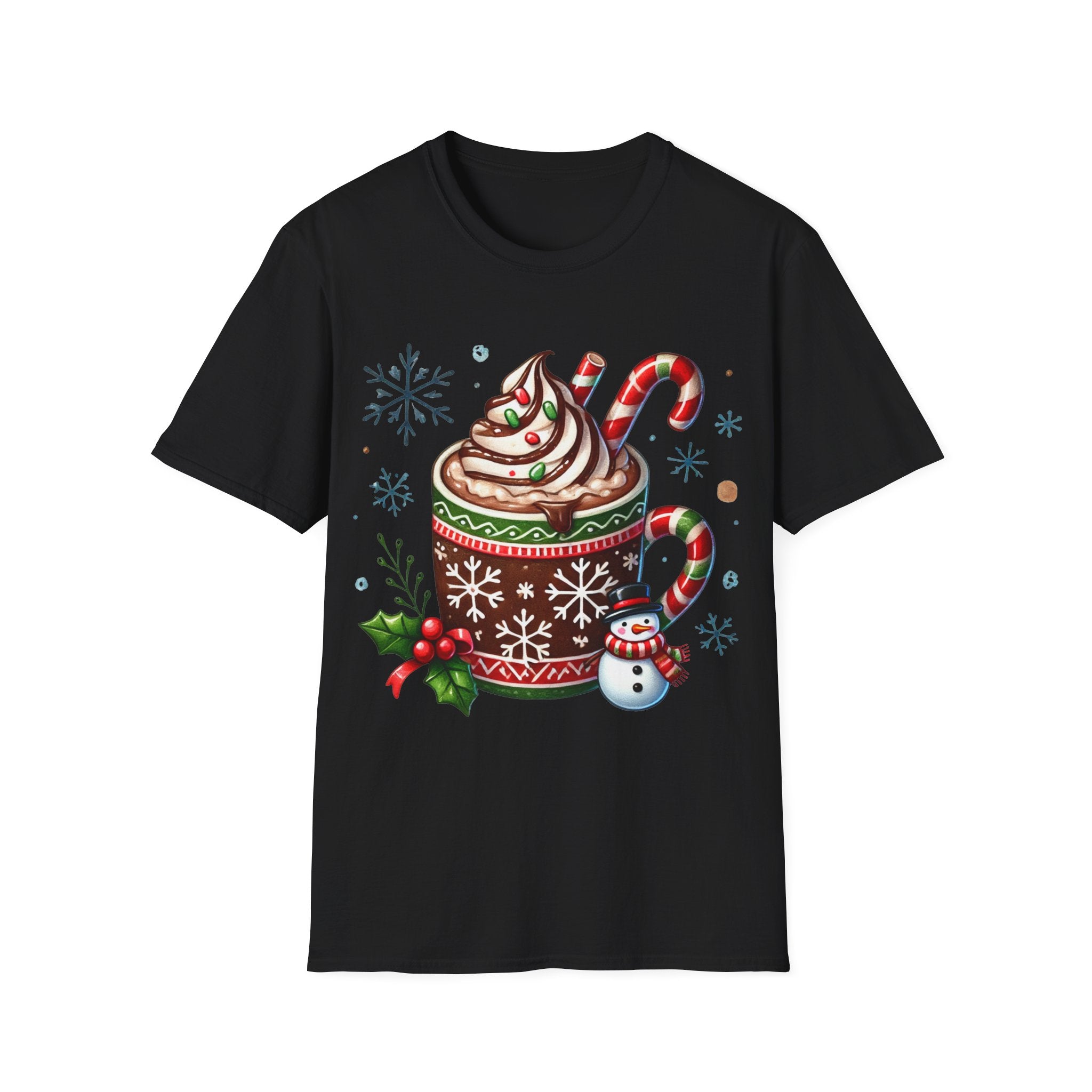 Cozy Holiday T-Shirt with Hot Cocoa Design, Christmas Gift, Winter Apparel, Unisex Softstyle Tee, Festive Outfit