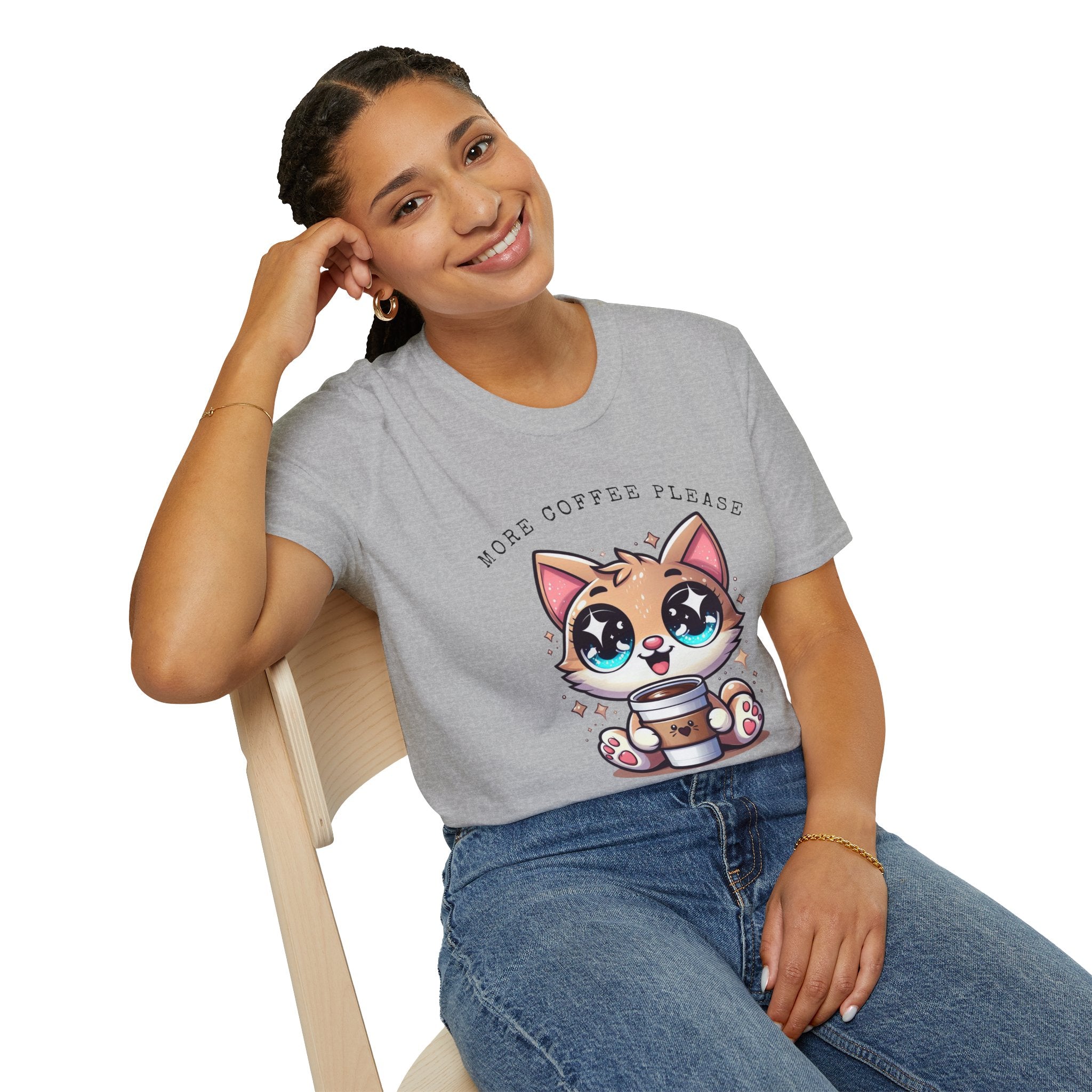 Cute Coffee Cat T-Shirt, Perfect for Cat Lovers, More coffee please .... It's purrrrfuct, Unisex Softstyle Tee