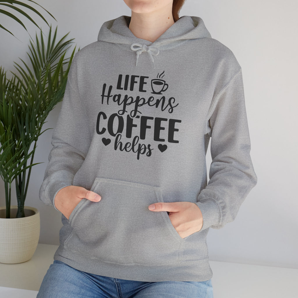 Coffee Hoodie — "Life Happens Coffee Helps" Cozy Pullover for Coffee Lovers, Unisex Hoodie for Coffee Lovers