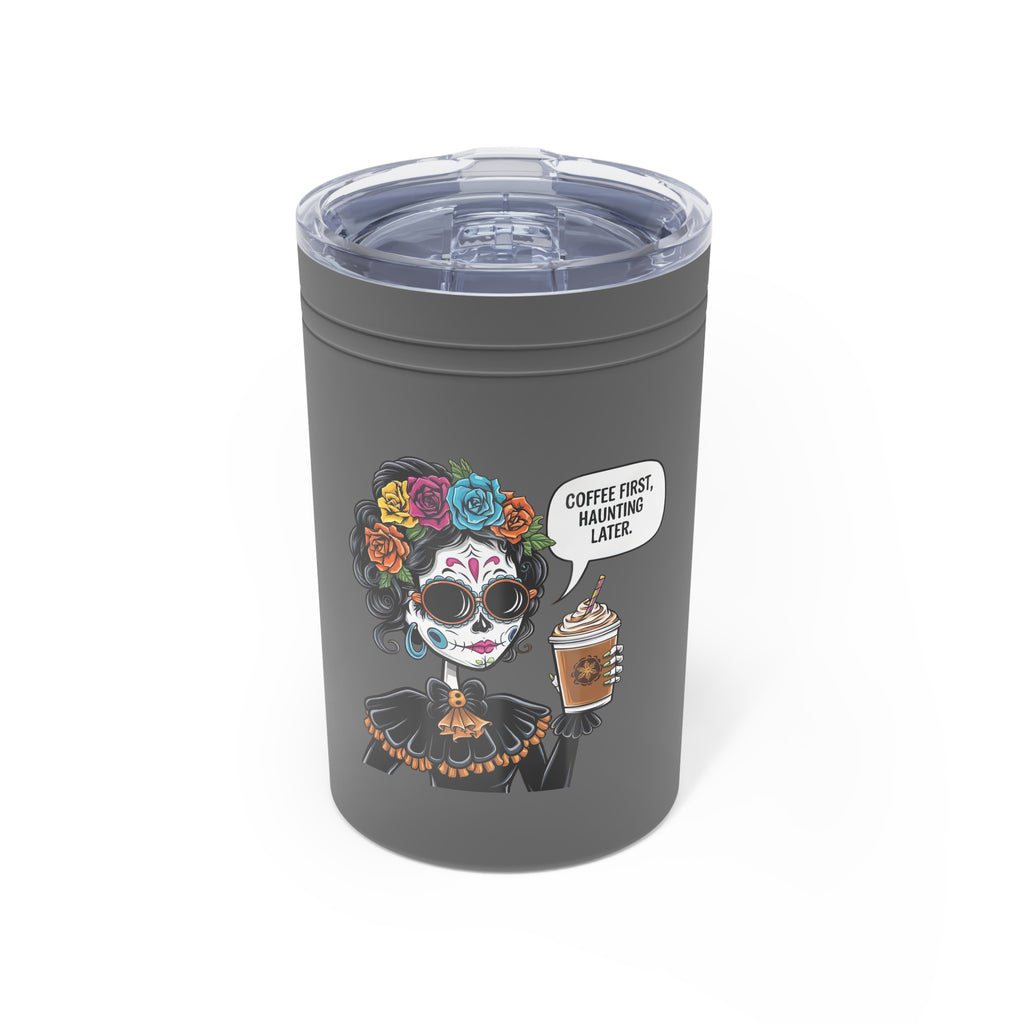 Coffee First Stainless Steel Tumbler 11oz, Day of the Dead Design, Travel Mug, Gift for Coffee Lovers, Halloween Decor